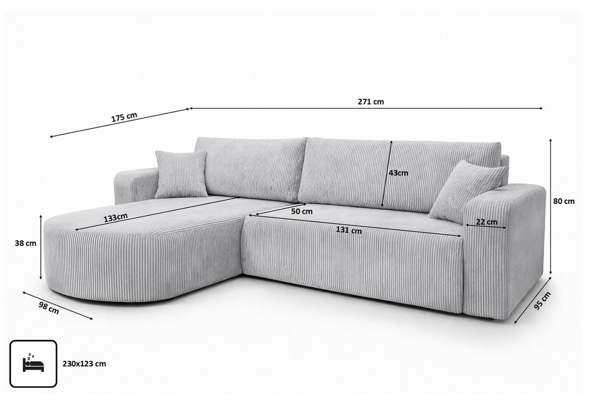 ECKSOFA Mit Schlaffunktion, Cordstoff Poso, Hellgrau, Links, ROUND ONE XL - Hellgrau, Holz (271/175cm) - Kaiser Möbel