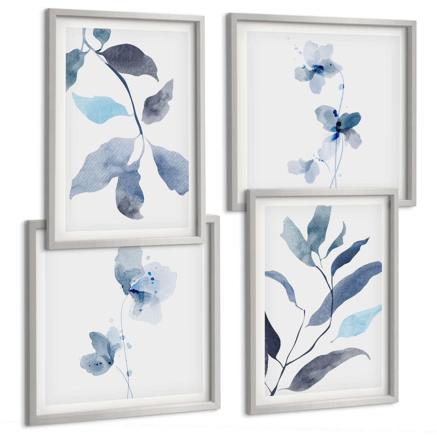 BILDER SET 4er Set - 50x50 cm & 40x60 cm Silberner Rahmen - Aquarell von blauen Blättern - Silberfarben, Kunststoff (50/50cm) - TULUP