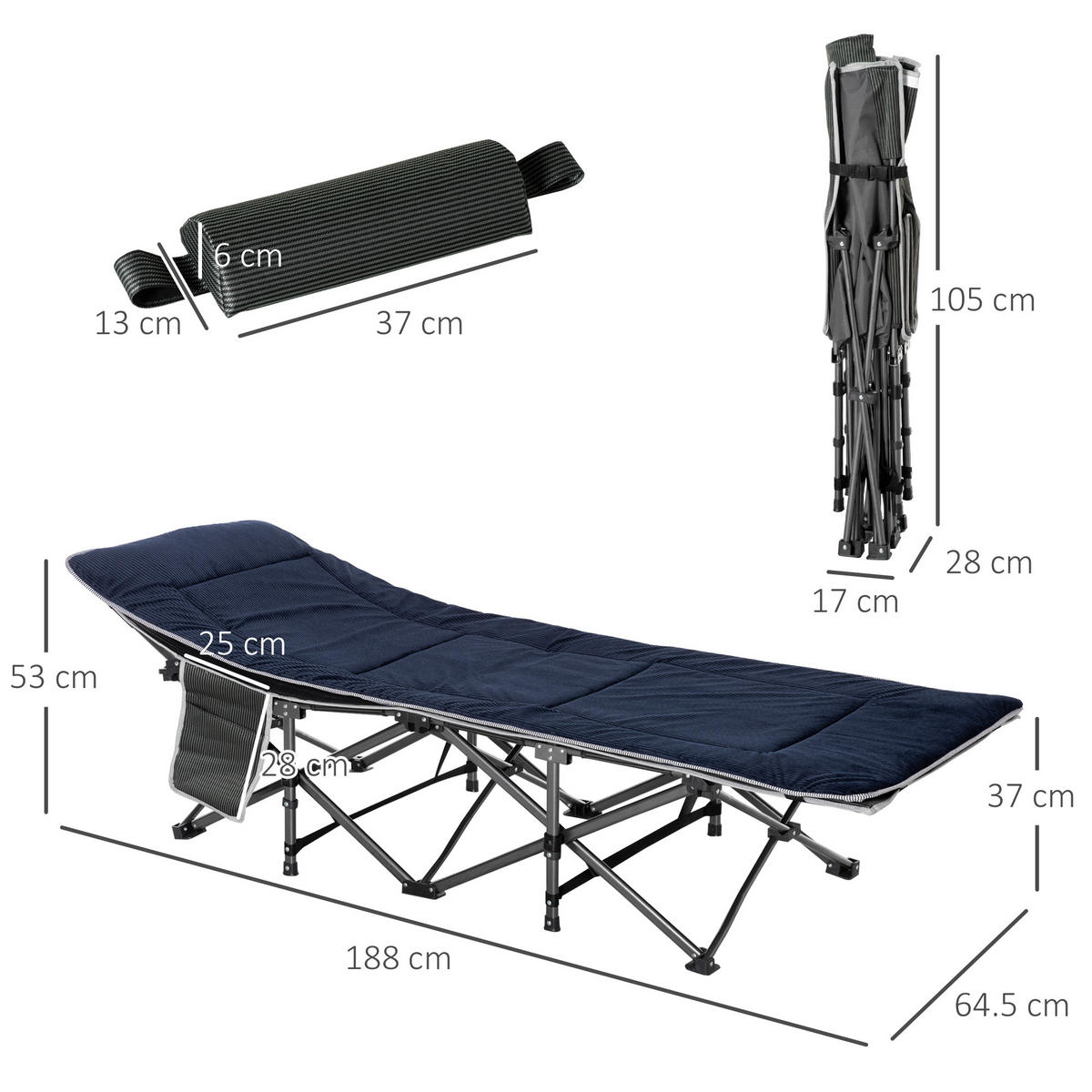 CAMPINGBETT Klappbar mit Kopfkissen und Seitentasche Dunkelblau-Grau bis 150 kg - Dunkelblau, Metall (64.5/53/188cm) - ComfortXL