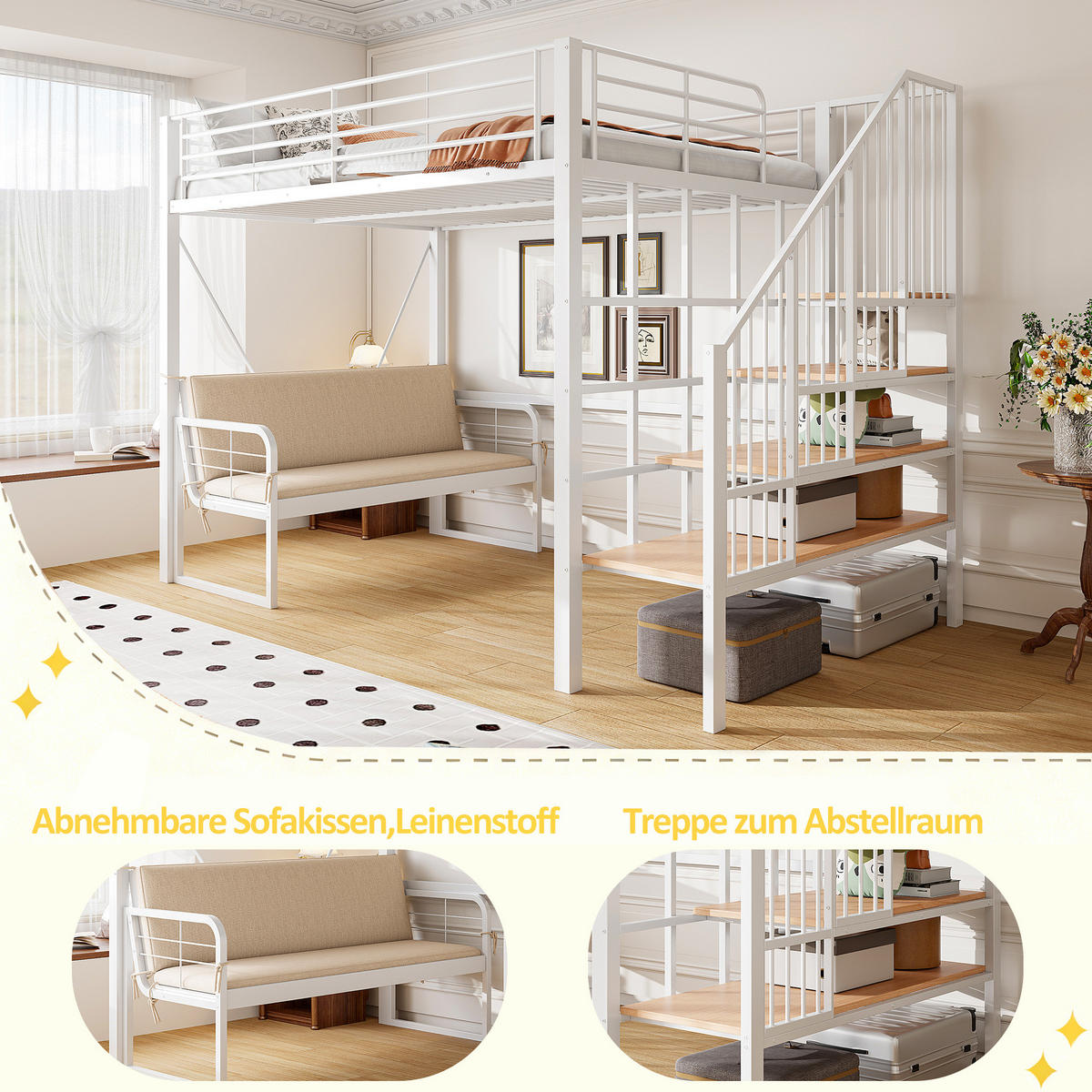 ETAGENBETT 140/200 cm Weiß mit Polstersofa und Stauraumleiter ohne Matratze - Weiß, Metall (140/200cm) - MIVRAY