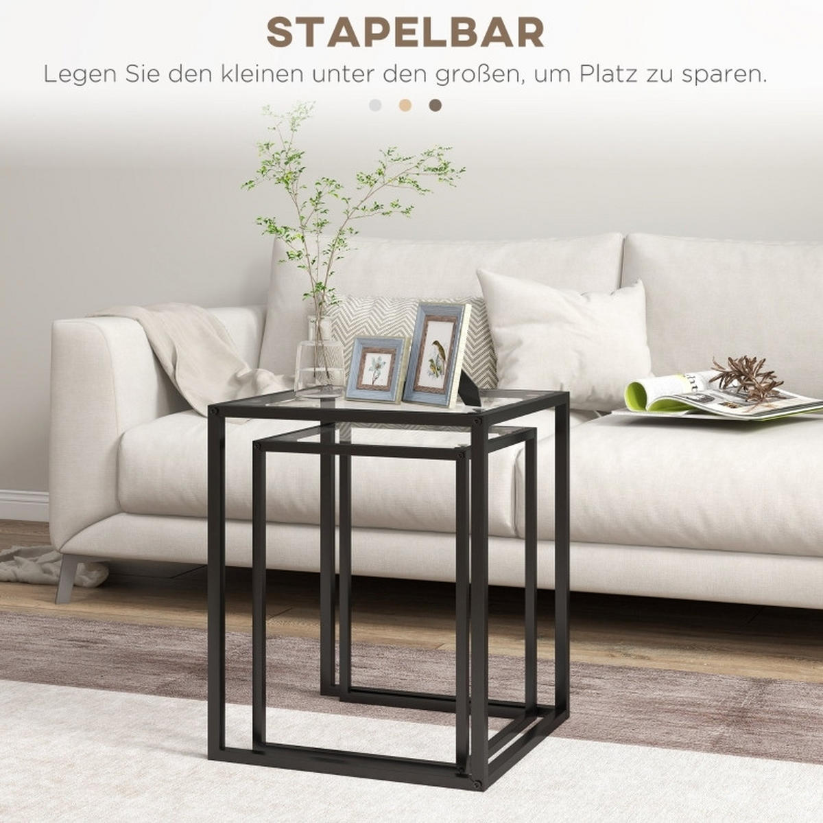 BEISTELLTISCH 42/51/42 cm und 33/45,5/33 cm Schwarz aus gehärtetem Glas und Stahl stapelbar 2er Set - Schwarz, Glas (42/42/51cm) - OKMYHOME