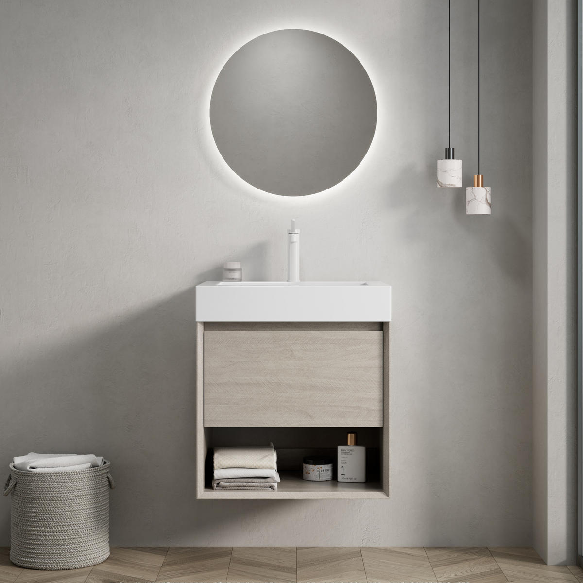 WASCHTISCHUNTERSCHRANK 55 cm mit Mineralgussbecken Light Oak/White - Weiß, Holzwerkstoff (46/60/55cm) - Beauniv