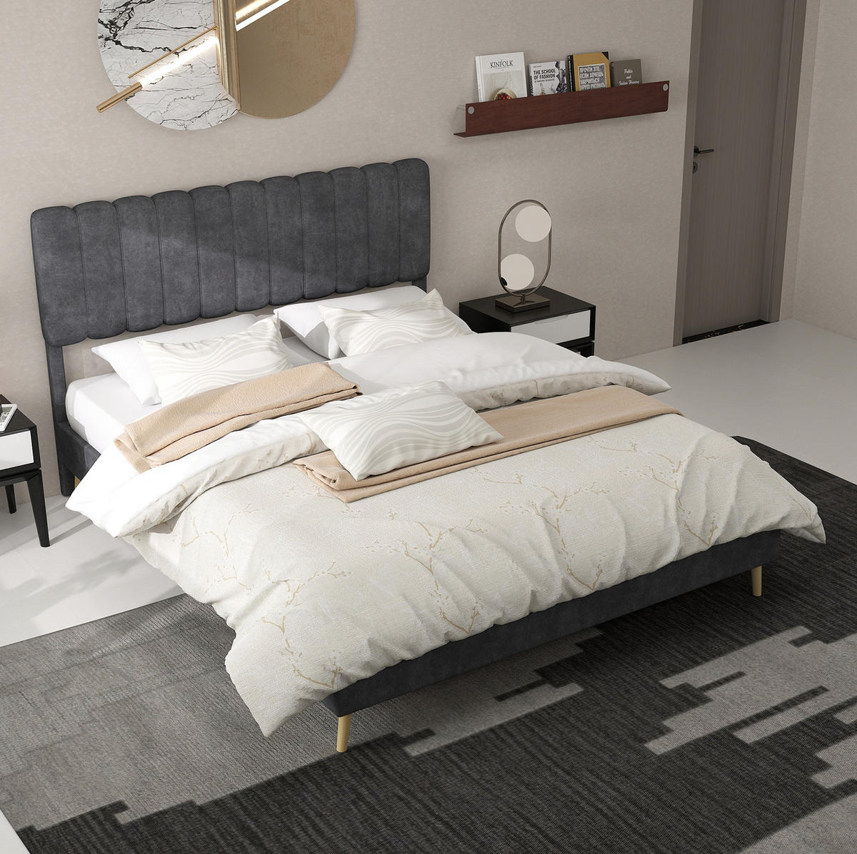 POLSTERBETT 160/200 cm grau aus Stoff und Metall mit Kopfteil - Grau, Textil (160/200cm) - OKWISH