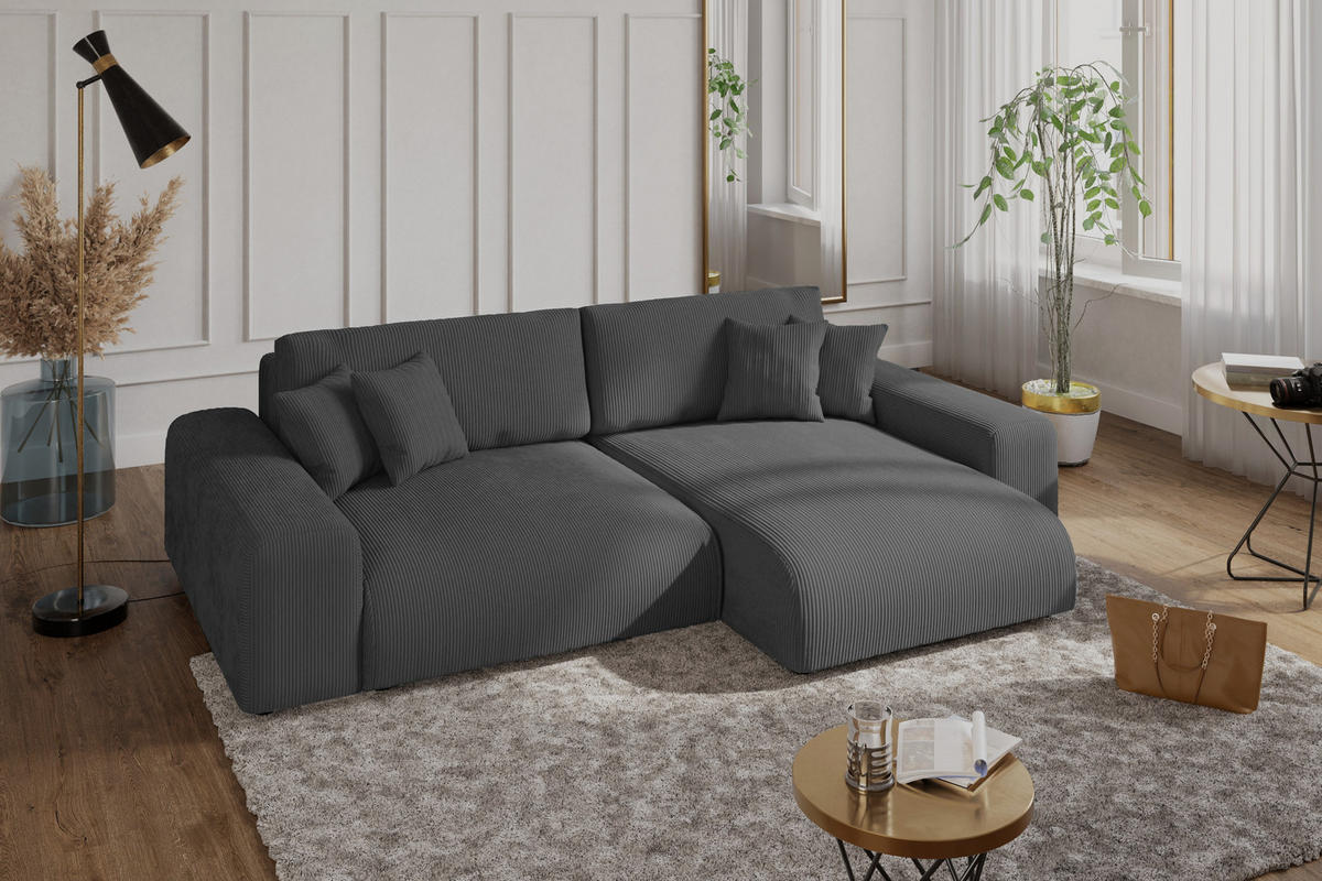 ECKSOFA mit Schlaffunktion, Bettkasten, Wellenunterfederung, seitenverkehrt montierbar B255/T165/H84 cm, Liegefl. 148x196 cm, Cord Grau / 21006 - Schwarz/Grau, Kunststoff/Textil (255/165cm) - luma-home