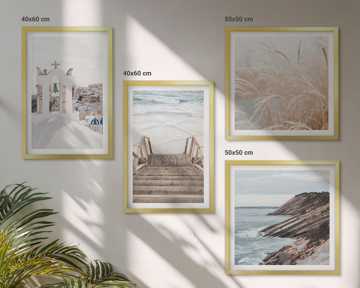 BILDER SET 4er Set - 50x50 cm & 40x60 cm Goldrahmen - Meeresarchitektur Santorin - Goldfarben, Kunststoff (50/50cm) - TULUP