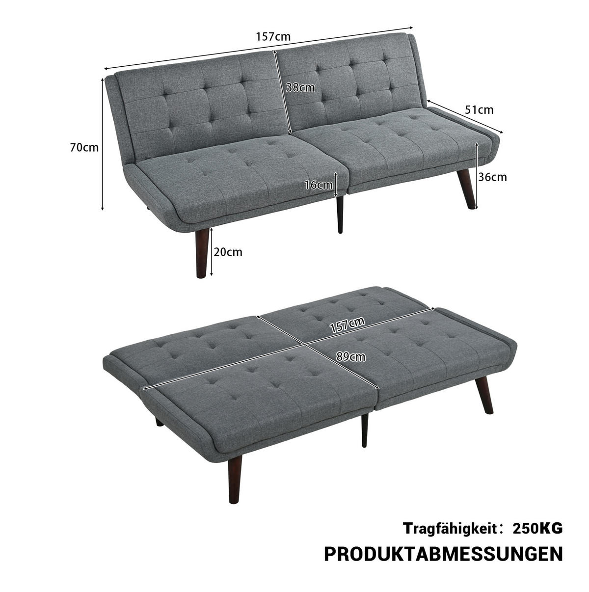 SCHLAFSOFA aus Leinen 146 cm in Grau mit 5-fach verstellbarer Rückenlehne - Grau, Textil (157/70/51cm) - Modfu