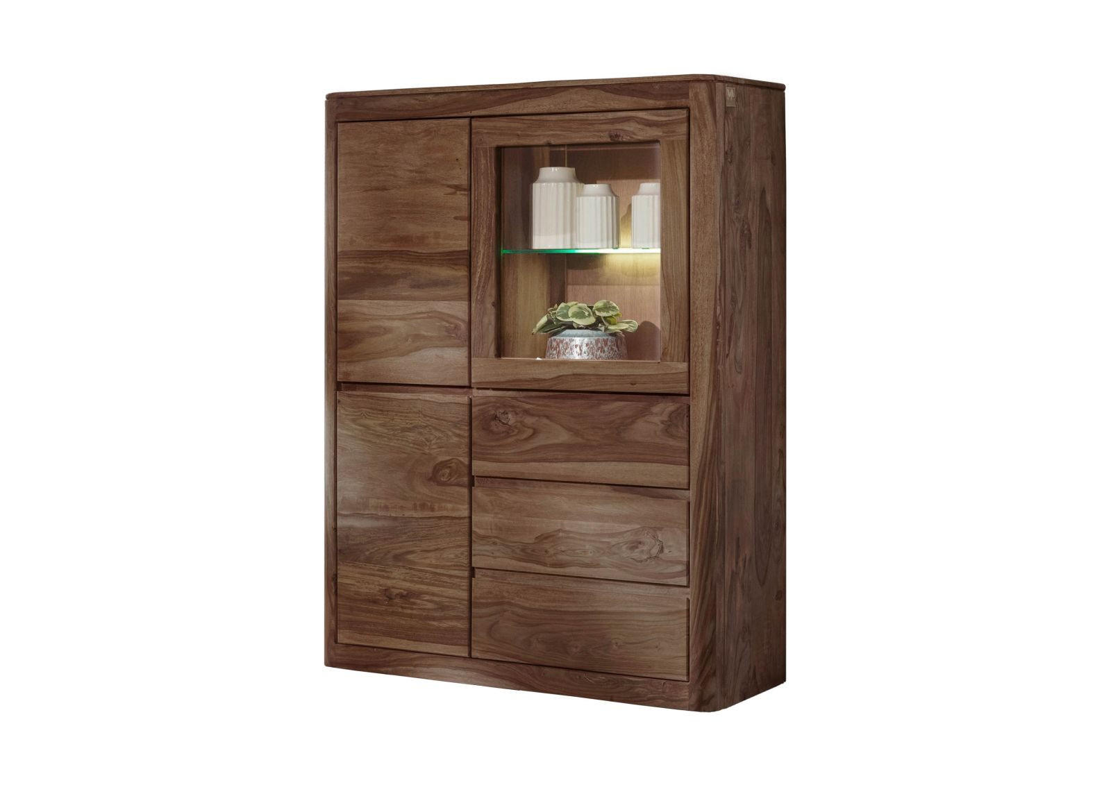 VITRINE Sheesham 109x40x145 rot-braun gebeizt TORONTO #109 - Dunkelbraun, Holz (109/145/40cm) - Massivmoebel24