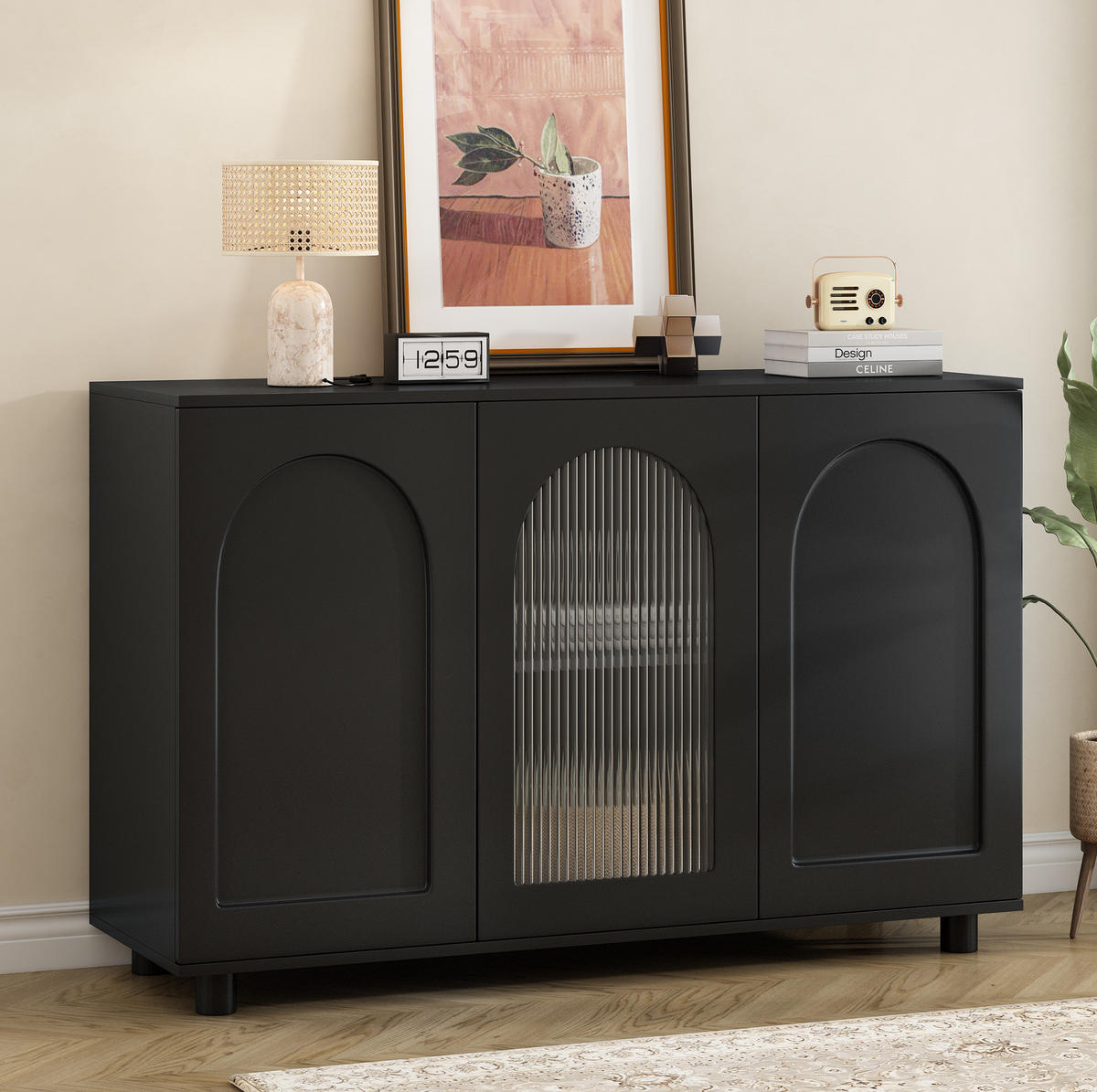 SIDEBOARD 40/69,5 cm černá z MDF, s push-to-open a skleněnou vložkou - černá, kompozitní dřevo (120/78.5/40cm) - BEAOK