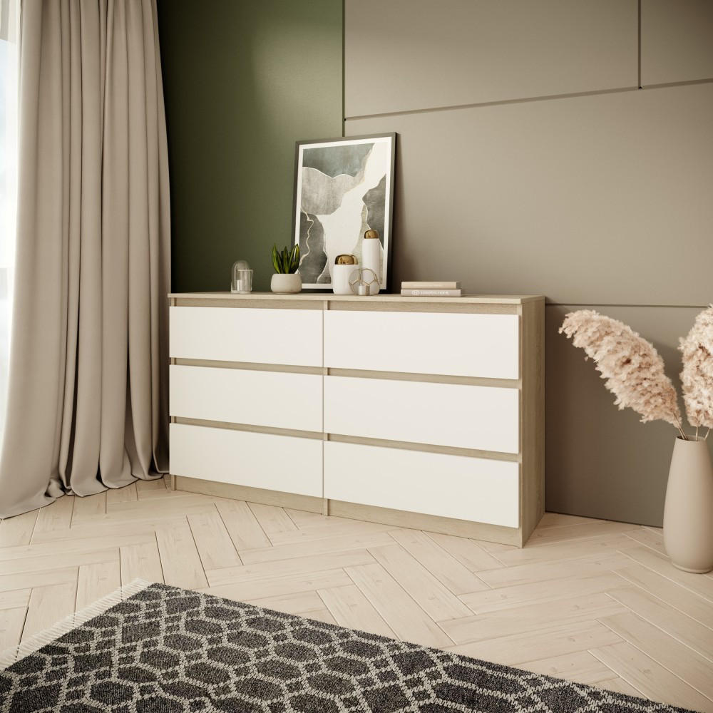 KOMMODE Look 120 cm mit sechs Schubladen, eiche Sonoma+weiß - Weiß/Sonoma Eiche, Holzwerkstoff (120/71/40cm) - Beautysofa