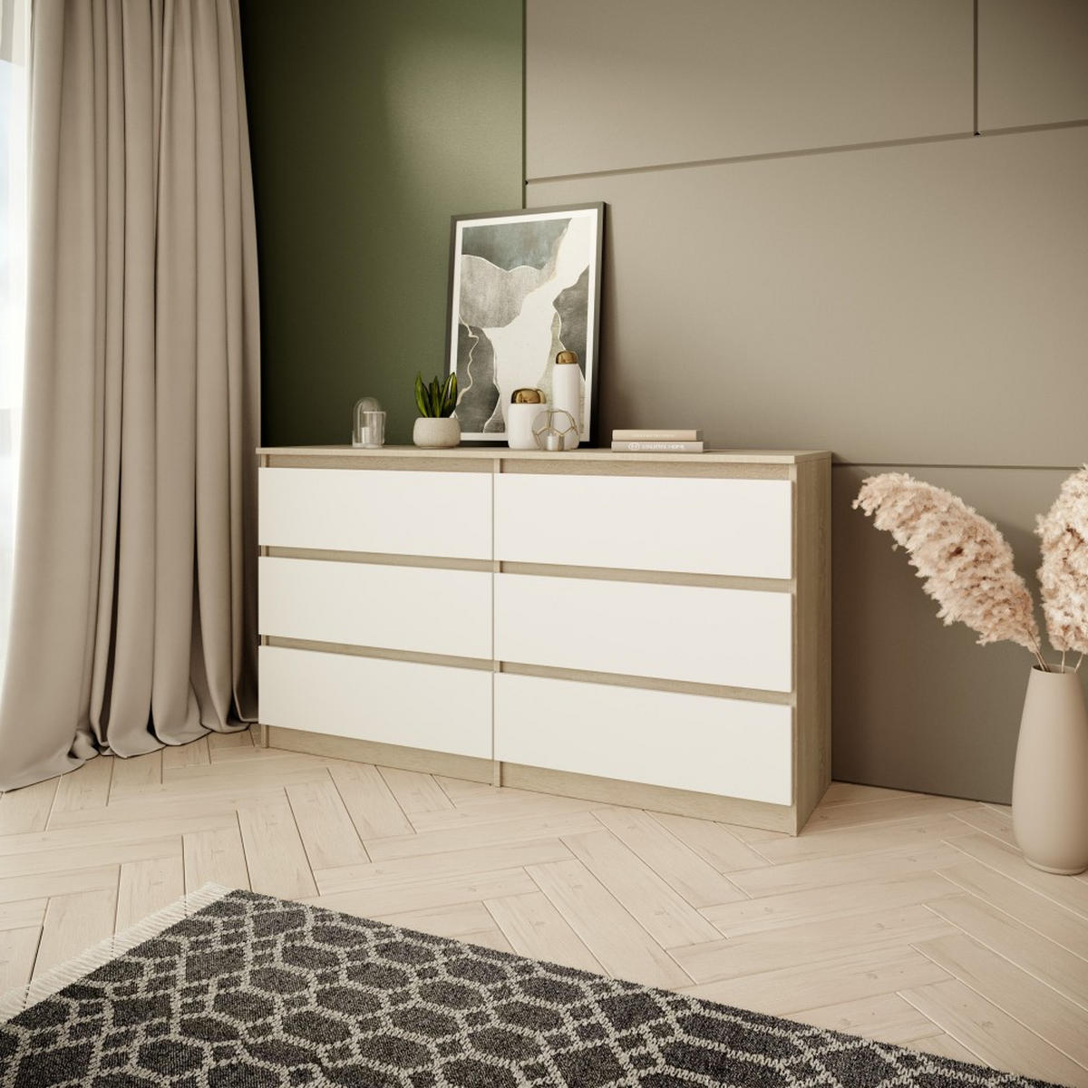 KOMMODE Look 120 cm mit sechs Schubladen, eiche Sonoma+weiß - Weiß/Sonoma Eiche, Holzwerkstoff (120/71/40cm) - Beautysofa