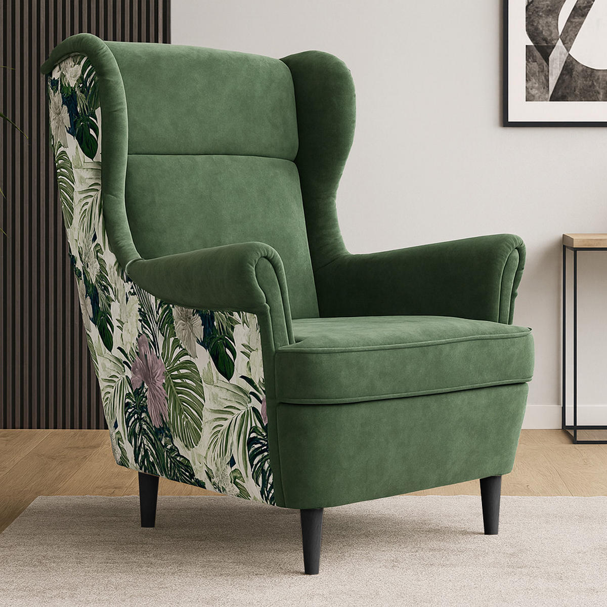 OHRENSESSEL Havana im skandinavischen Stil, Dunkelgrün, mit Beinen in Wengefarbe - Wengefarben/Dunkelgrün, Holzwerkstoff (82/102/92cm) - Beautysofa