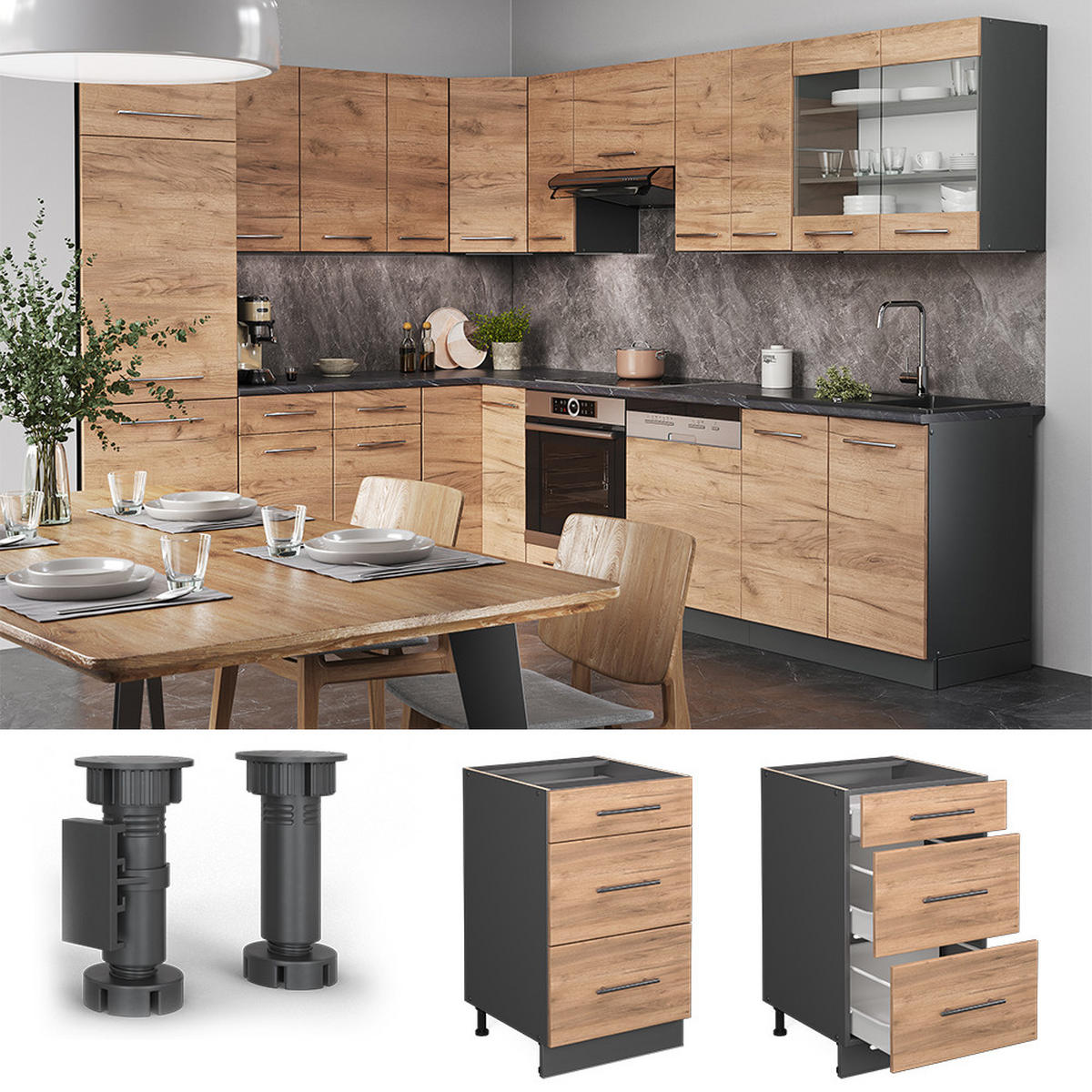 SCHUBLADENSCHRANK Fame-Line Goldkraft Eiche 50 cm ohne AP - Honigeiche/Anthrazit, Holzwerkstoff (50/82/51.6cm) - Vicco