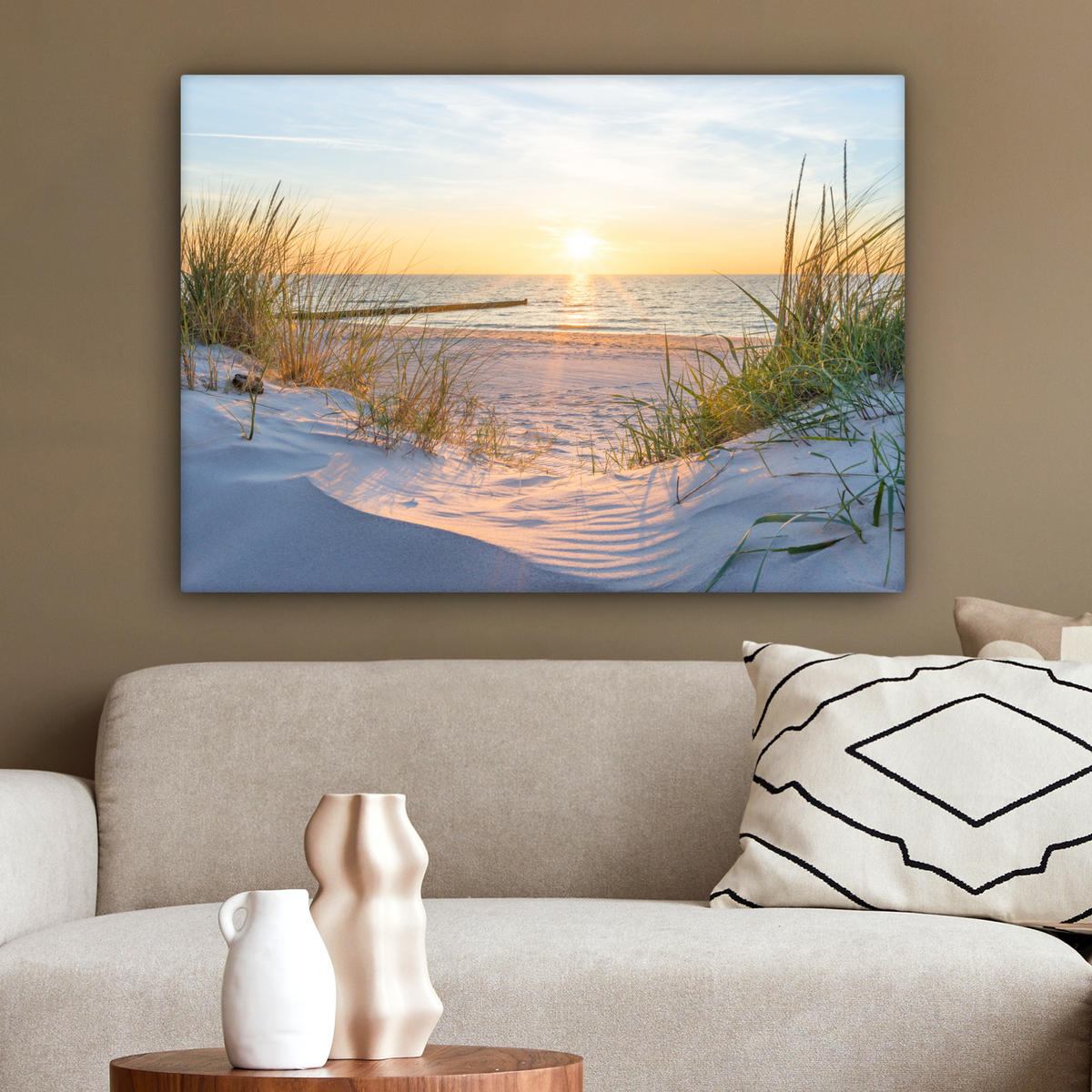 LEINWANDBILD Strand - Sonne - Düne - Gras - Sand - Horizont Wandbilder 80x60 cm - Hellblau, Textil (80/60cm) - MuchoWow