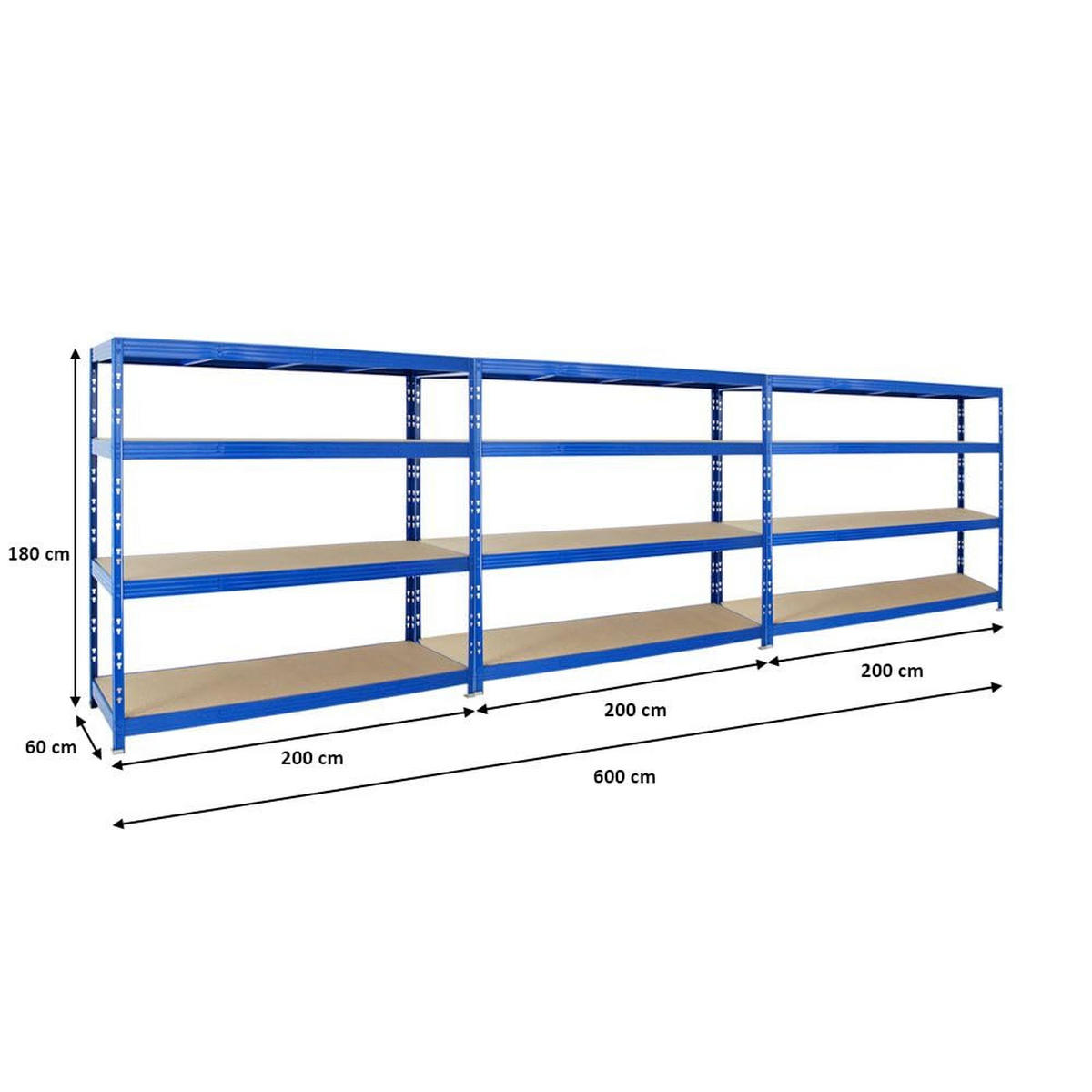 SCHWERLASTREGAL Rhino 3er-Set mit 3x 180x200x60 cm 4 Spanplatten-Ebenen 16mm Fachlast 500 kg Blau - Blau, Metall (600/180/60cm) - PROREGAL
