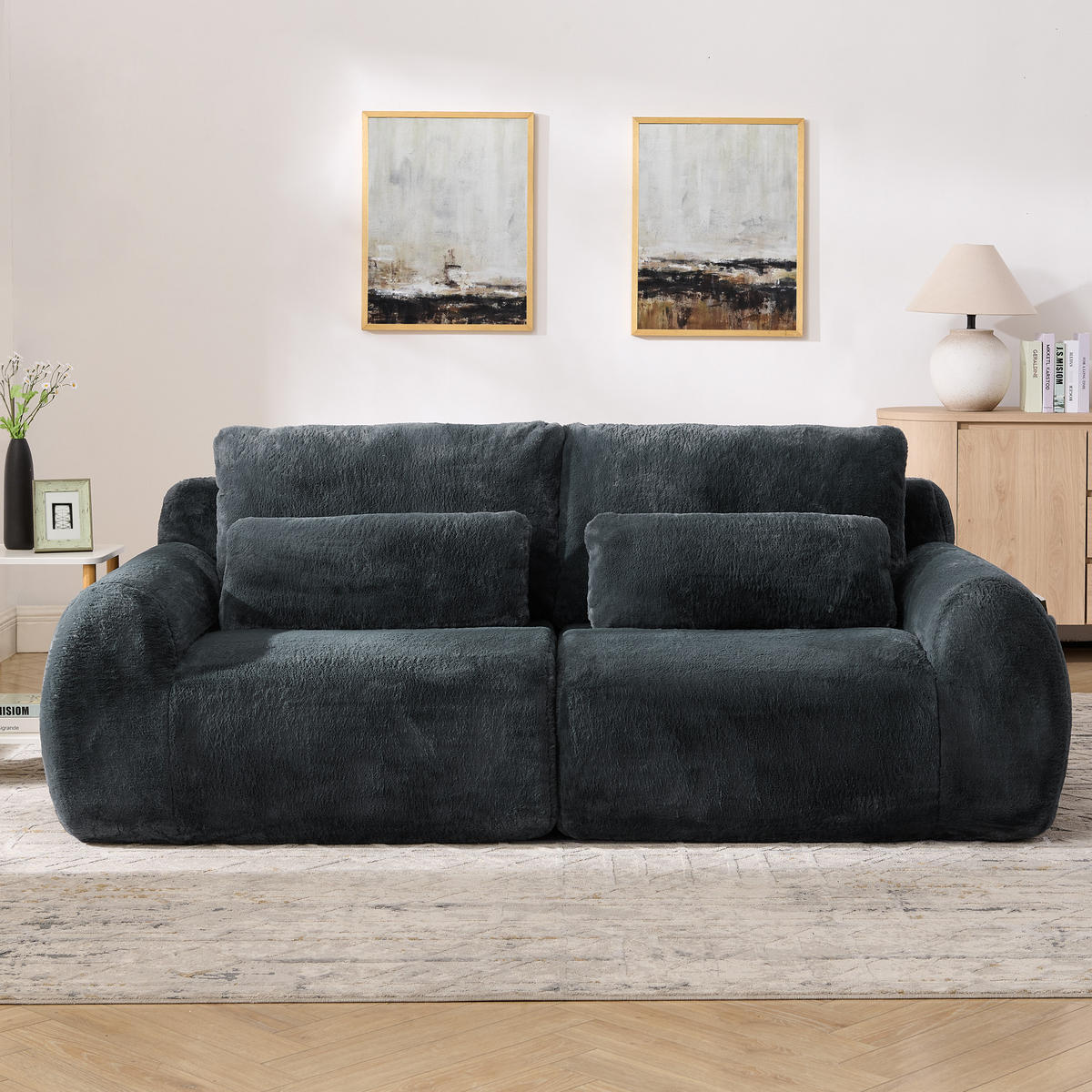 2-SITZER SOFA Kaninchenstil-Kunstfell Grau mit USB und Magazintasche - Grau, Textil (208/81/101cm) - WISHDOR