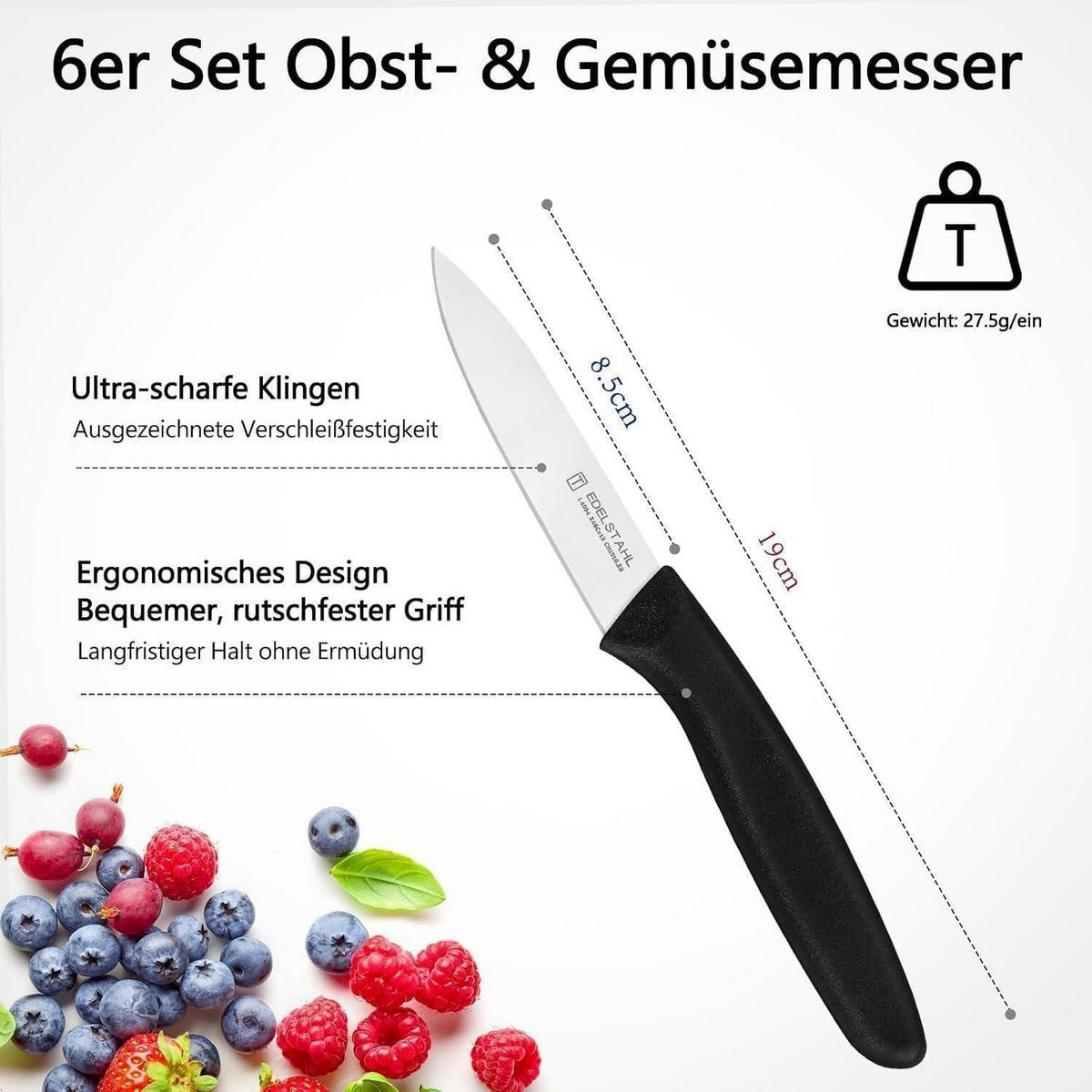 OBSTMESSER 6-teiliges Set Edelstahl Schwarz - Silberfarben, Metall (19cm)