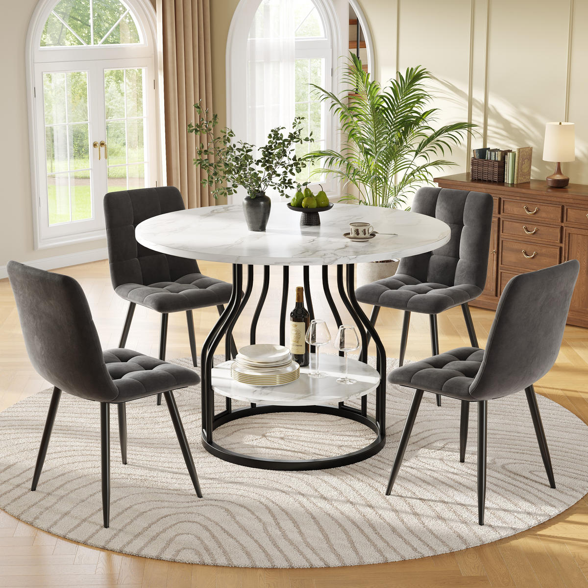 ESSTISCHSET 5-Teilig Rund 80 Cm, MDF Marmor, 4 Graue Samtstühle, Schwarz - Multicolor, Holzwerkstoff (80/76/80cm) - FLIEKS