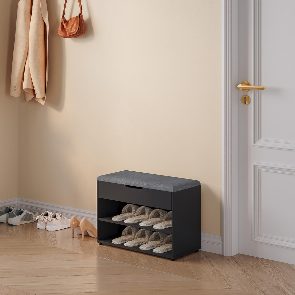SCHUHBANK Gentofte - Schwarz, Holzwerkstoff/Textil (60/46/30cm) - [en.casa]
