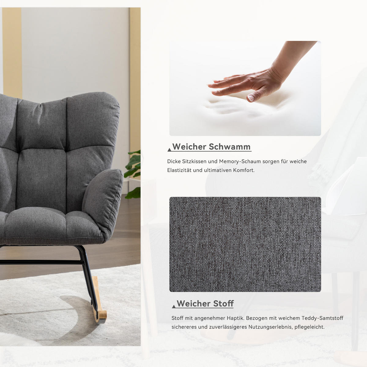 SCHAUKELSTUHL Stoff mit gepolsterter hoher Rückenlehne 80/70/95 cm Grau - Grau, Textil (70/95/80cm) - Redom