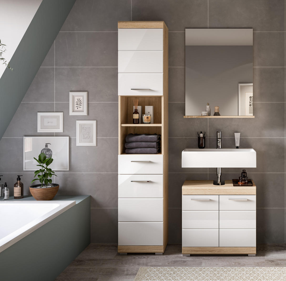 BADMÖBEL-SET weiß Hochglanz, Eiche 3-teilig 112 cm mit viel Stauraum - Weiß Hochglanz/Eichefarben, Holzwerkstoff (112/191/34cm) - Inn.Furn