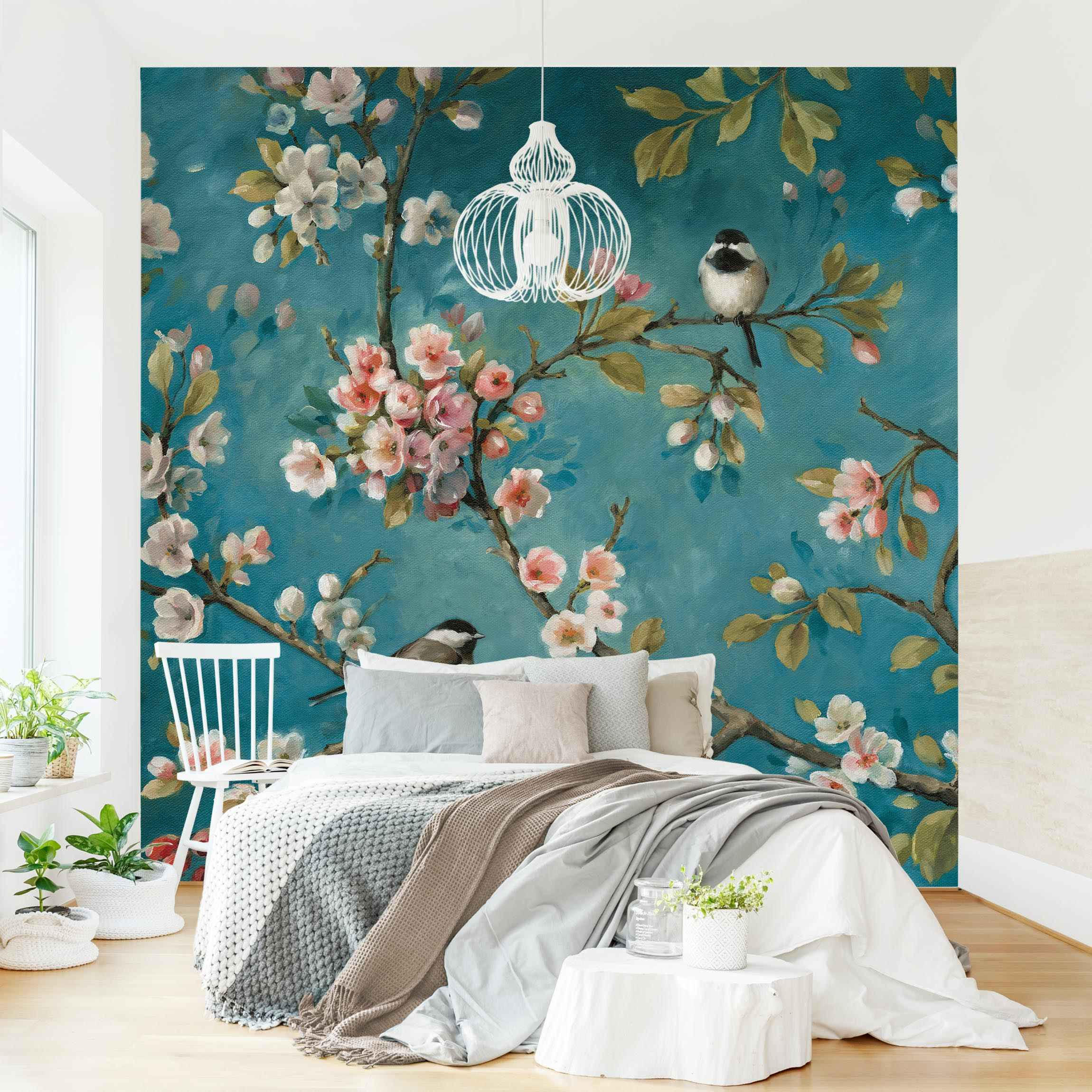 FOTOTAPETE Kirschblütenzweige auf Blau 240/240 cm - Rosa, Papier (240/240cm) - Bilderwelten