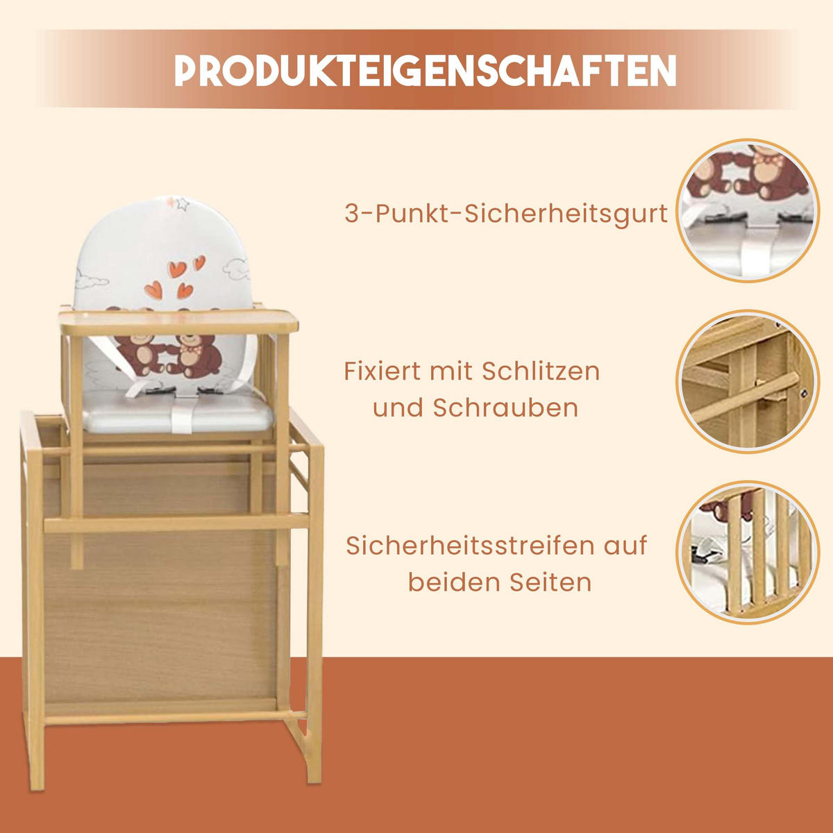 HOLZHOCHSTUHL für Kinder, Zum Tisch Und Stuhl Umbaubar, Ideal Als Esszimmerstuhl, Tragbar, Stabil Und Einfach Zusammenzubauen - Weiß, Textil (79/48/46cm) - Best for Kids