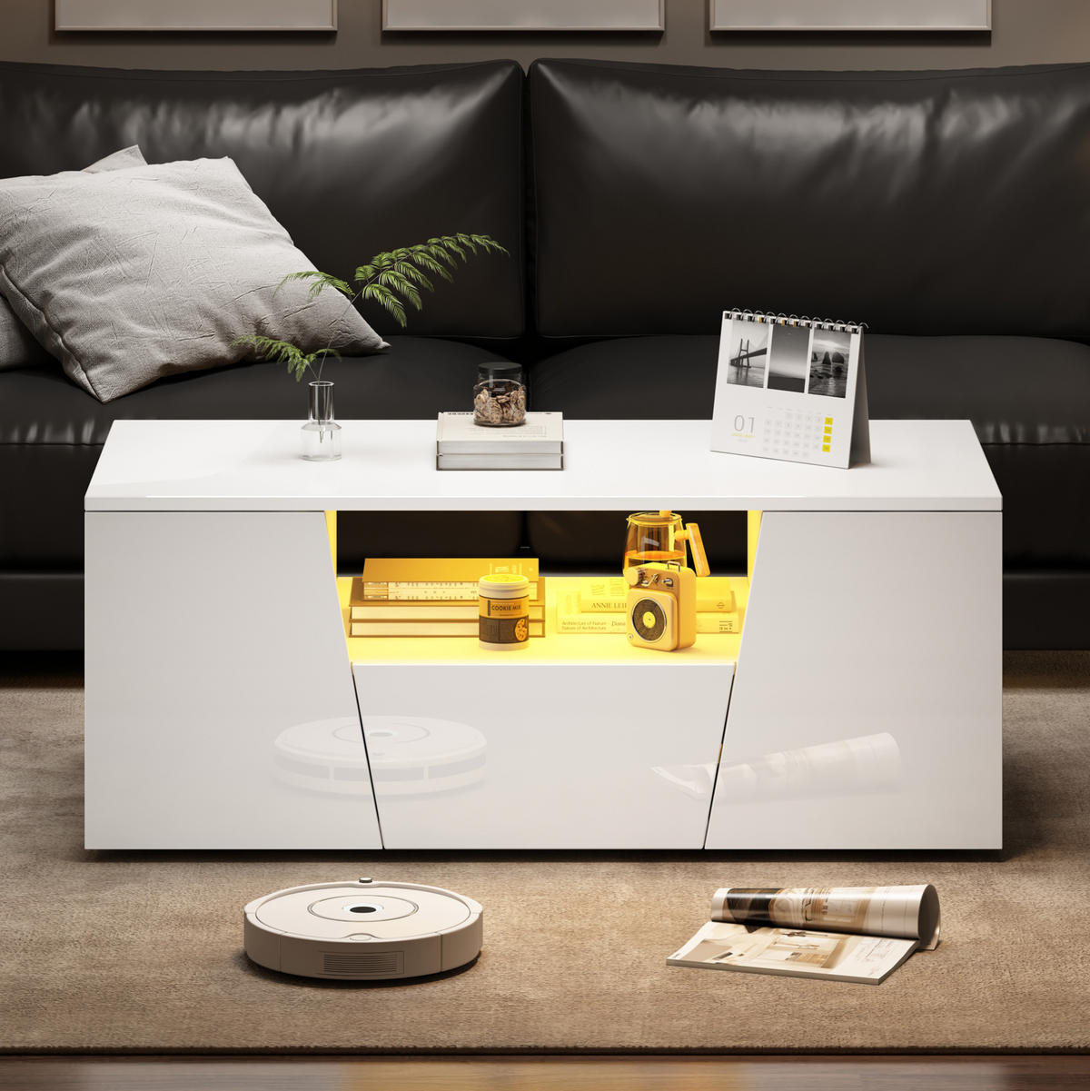 COUCHTISCH aus Spanplatte 100x50x40 cm in Weiß mit LED-Beleuchtung - Weiß, Holzwerkstoff (100/50/40cm) - Modfu