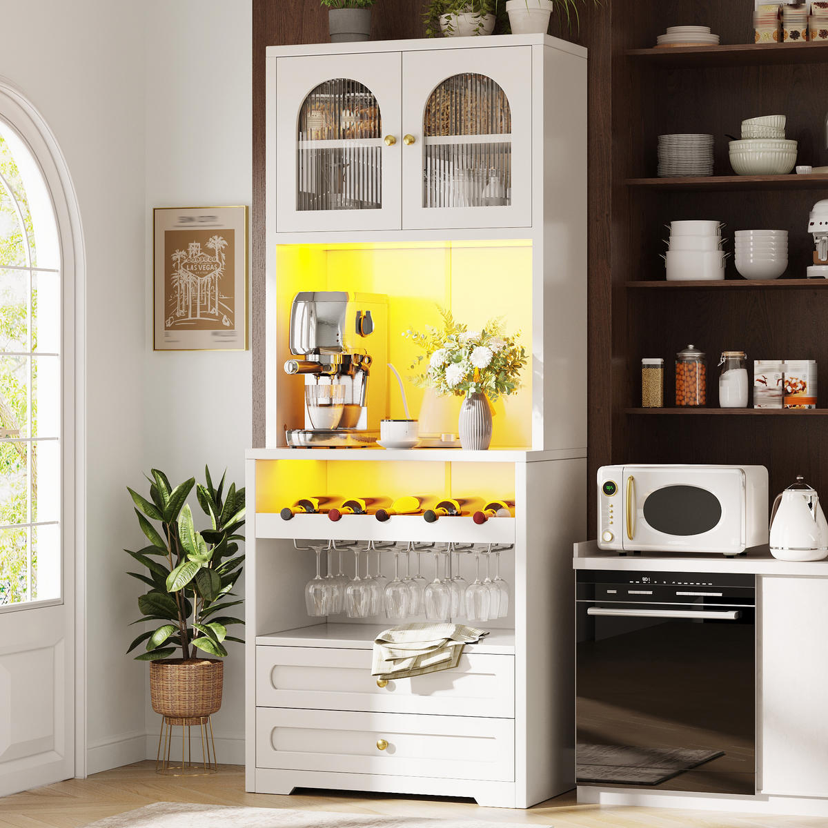 VITRINE LED Gewölbte Glastüren Weinregal Weiß - Weiß, Holzwerkstoff (70/180/40cm) - FLIEKS