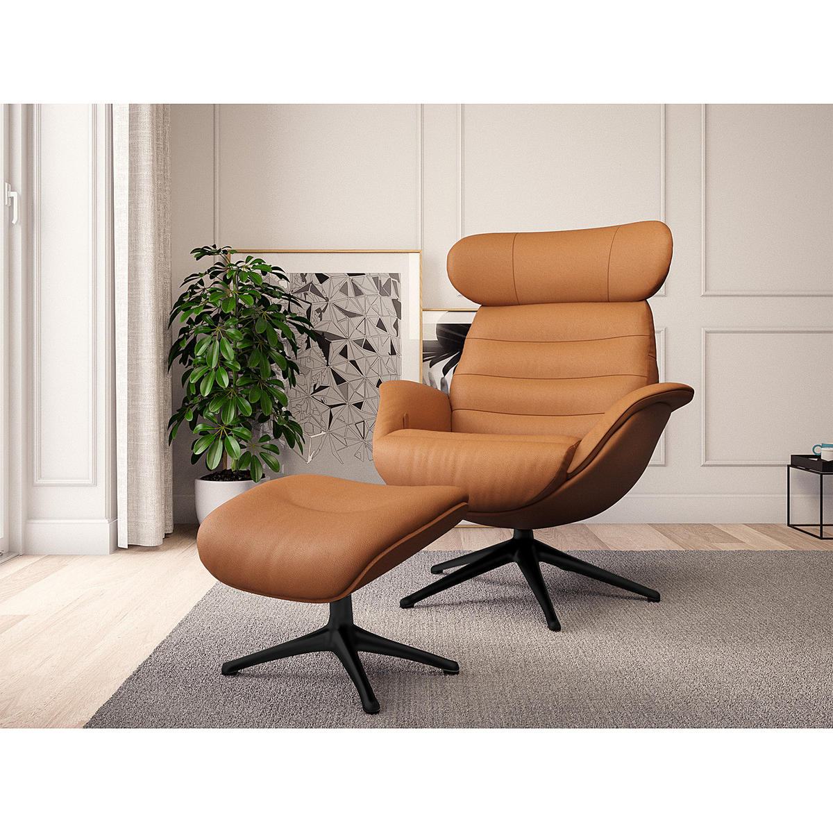 POLSTERHOCKER - Cognac/Schwarz, Leder/Metall (44/39/49cm) - home24