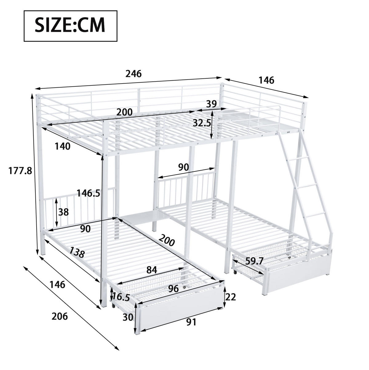 ETAGENBETT 140/200 und 2 x 90/200 cm in Weiß mit Schubladen, teilbar - Weiß, Metall (140/200cm) - OKMYHOME