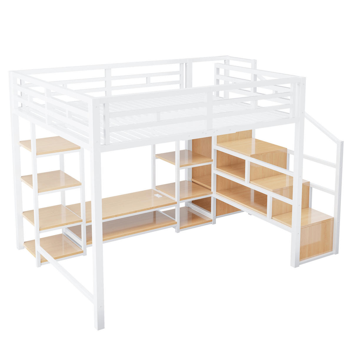 HOCHBETT 140/200 cm aus Metall und MDF mit TV-Ständer, Steckdose und Aufbewahrungsleiter Weiß - Weiß, Metall (140/200cm) - Modenvie