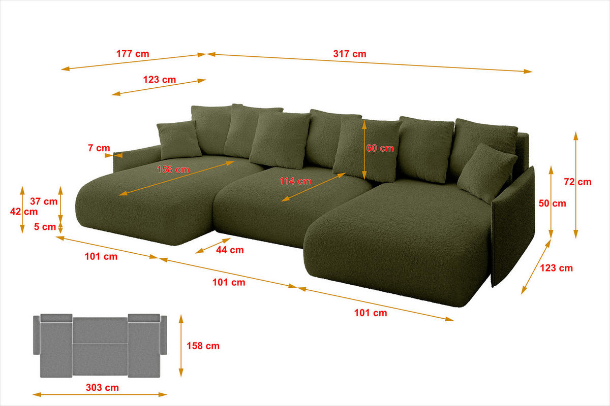 WOHNLANDSCHAFT mit Schlaffunktion und Bettkasten ONESK-U-v1 317x177x72 Grün Bouclé - Olivgrün, Holzwerkstoff/Kunststoff (317/72/177cm) - ALTDECOR