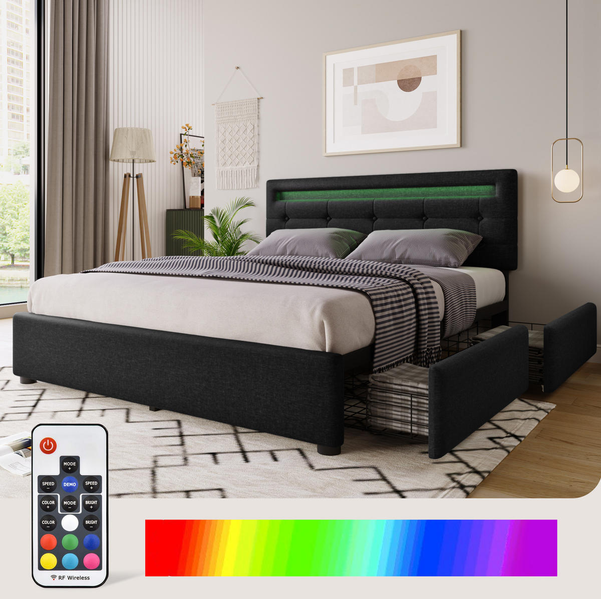 POLSTERBETT 140/200 cm Schwarz aus Leinen mit LED-Beleuchtung - Schwarz, Textil (140/200cm) - OKMYHOME