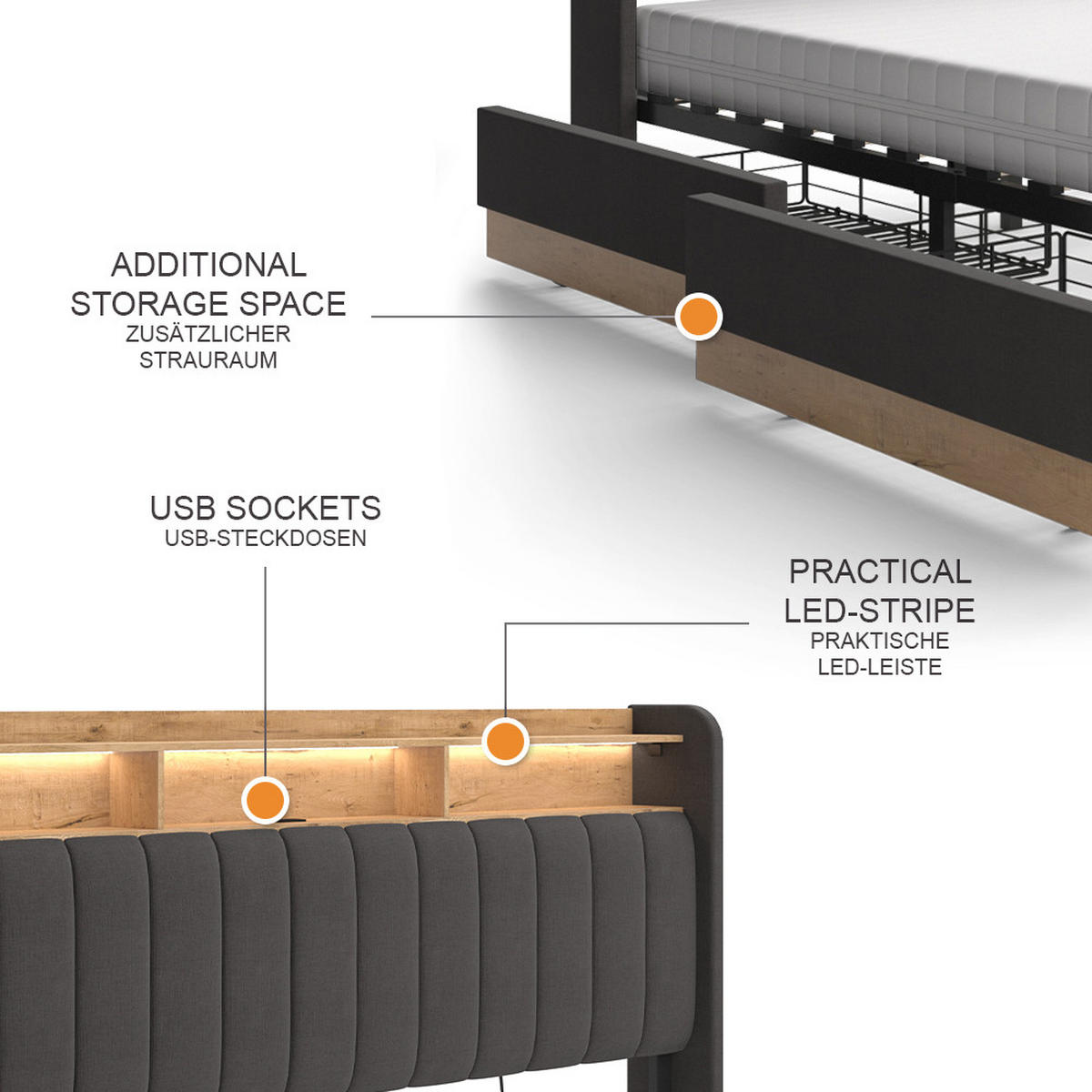 ČALOUNĚNÁ POSTEL Nura Antracit - antracitová/barva dubu, kompozitní dřevo - VitaliSpa