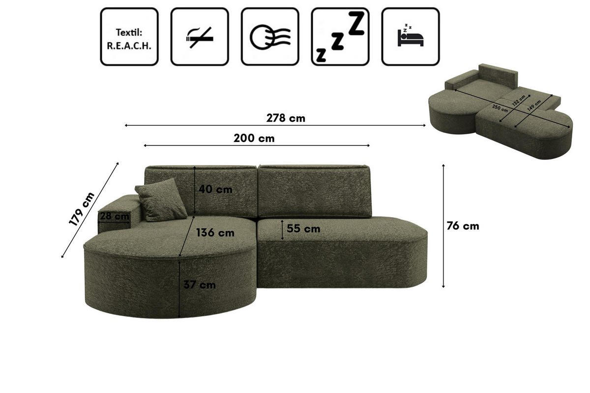 ECKSOFA Modena Pro - Komfort Und Stil stoff Arena Grün Links - Grün, Holz (278/179cm) - Kaiser Möbel