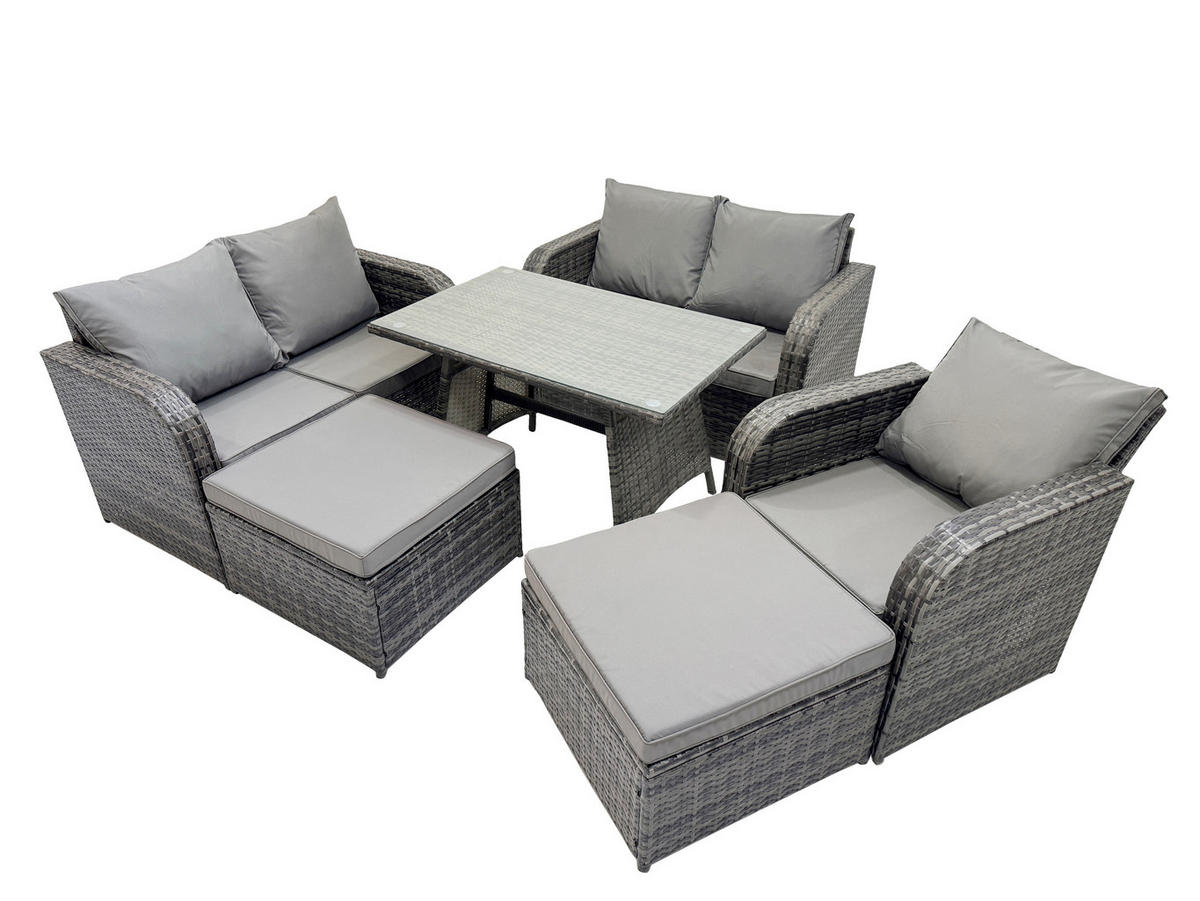 GARTENMÖBELSET mit ESSTISCH,SOFA Polyrattan 7-Sitzer - Dunkelgrau/Grau, Glas/Kunststoff - Fimous