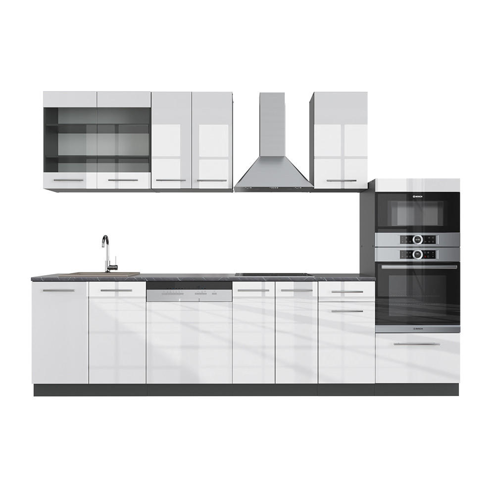 KÜCHENZEILE Fame-Line Weiß Hochglanz/Anthrazit 300 cm mit Hochschrank ohne AP - Weiß Hochglanz/Anthrazit, Holzwerkstoff (300/81.6/46cm) - Vicco