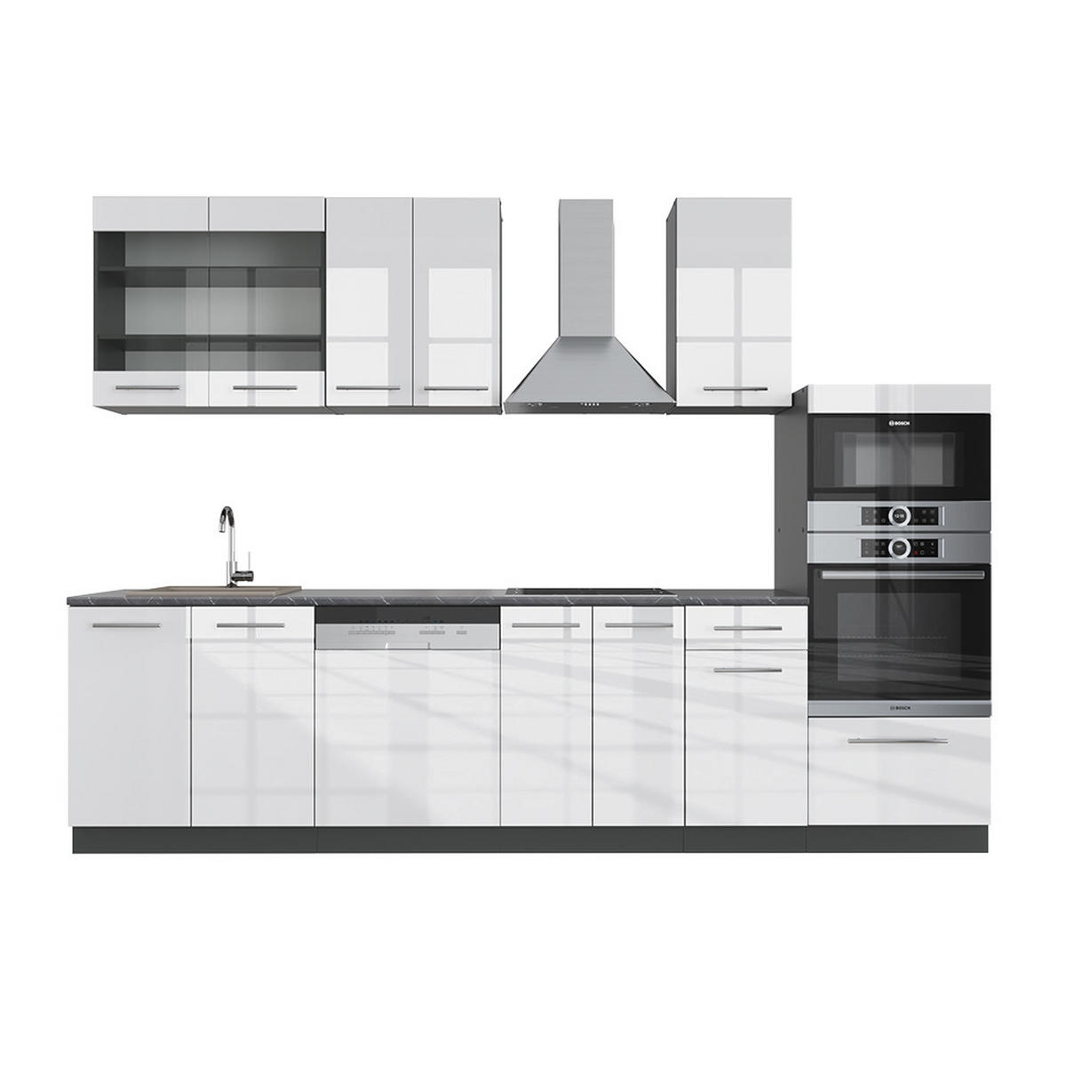 KÜCHENZEILE Fame-Line Weiß Hochglanz/Anthrazit 300 cm AP Anthrazit - Weiß Hochglanz/Anthrazit, Holzwerkstoff (300/81.6/60cm) - Vicco