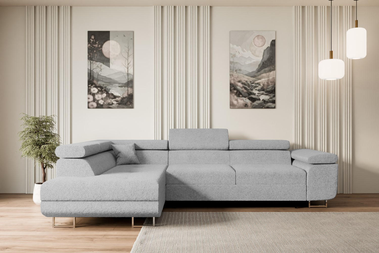 ECKSOFA mit Schlaffunktion und Bettkasten GUSA-L 272x202x107 cm Grau Bouclé - Silberfarben/Hellgrau, Holzwerkstoff/Textil (202/272cm) - ALTDECOR