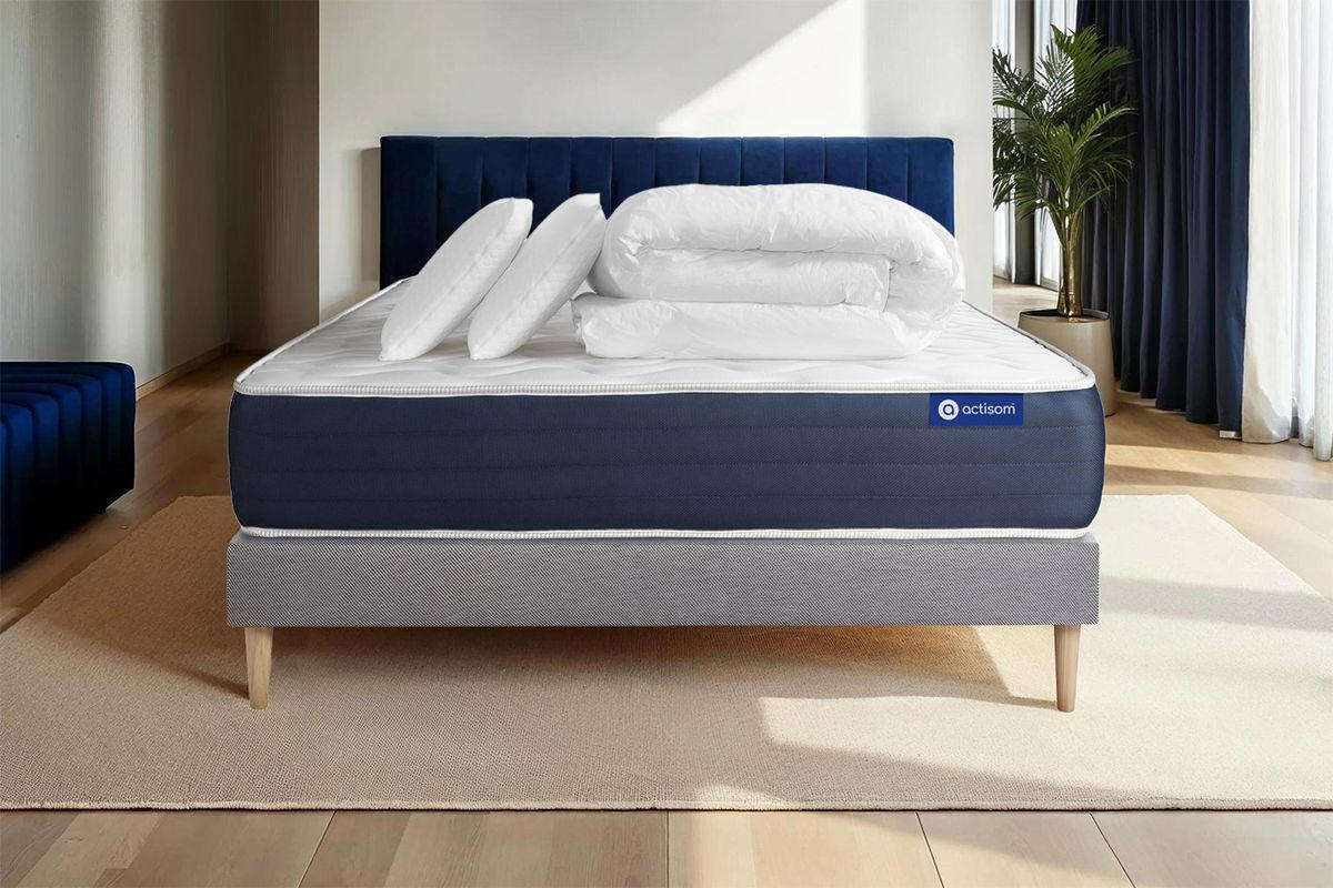 BETT Actiflex sleep Taschenfederkern und Memory-Schaum 140 x 190 cm h2 - Kit Bettgestell Grau - Mit Kissen und Bettdecke - Beige/Grau, Karton/Holz (140/190cm) - ACTISOM