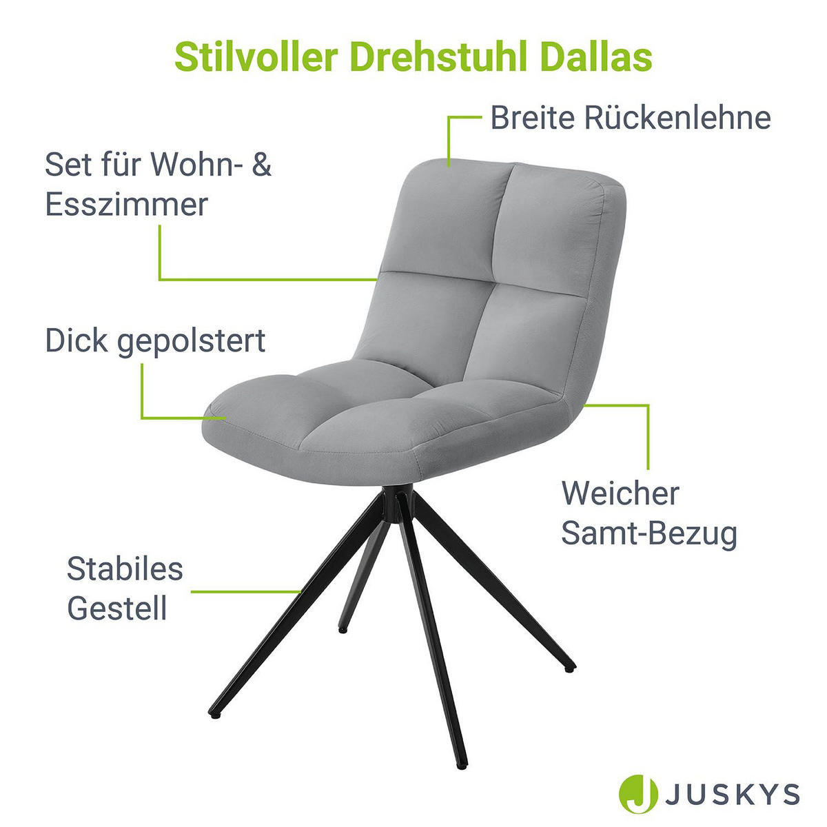 DREHSTUHL Dallas samt hellgrau (2er-Set) - Hellgrau, Textil (45/84/45cm) - Juskys
