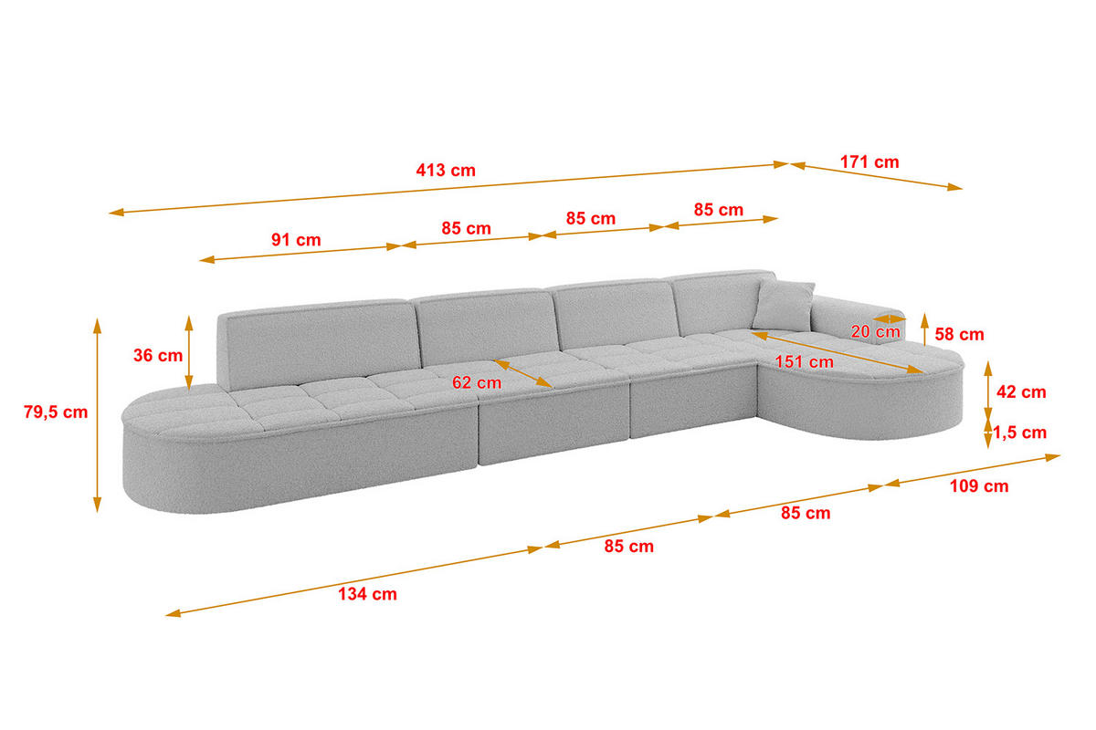 ECKSOFA Ottomane Rechts TARO-L3 - 413x171x79,5 cm Hellgrau - Hellgrau, Holzwerkstoff/Textil (413/171cm) - ALTDECOR