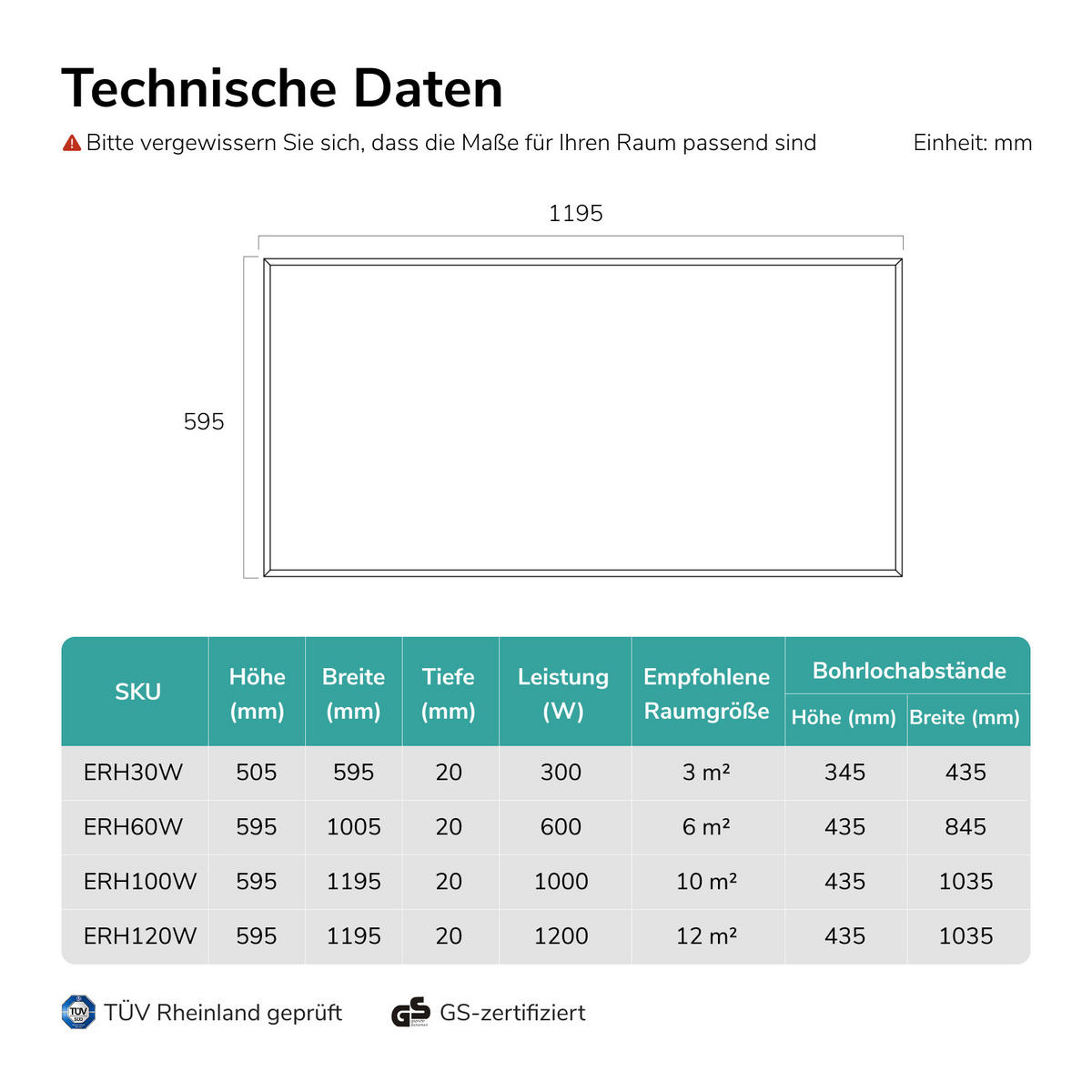 WANDKONVEKTOR Elektrisch 1000 W mit Thermostat und App Steuerung 119,5/59,5 cm - Weiß, Kunststoff/Metall (119.5/59.5/2cm) - EMKE