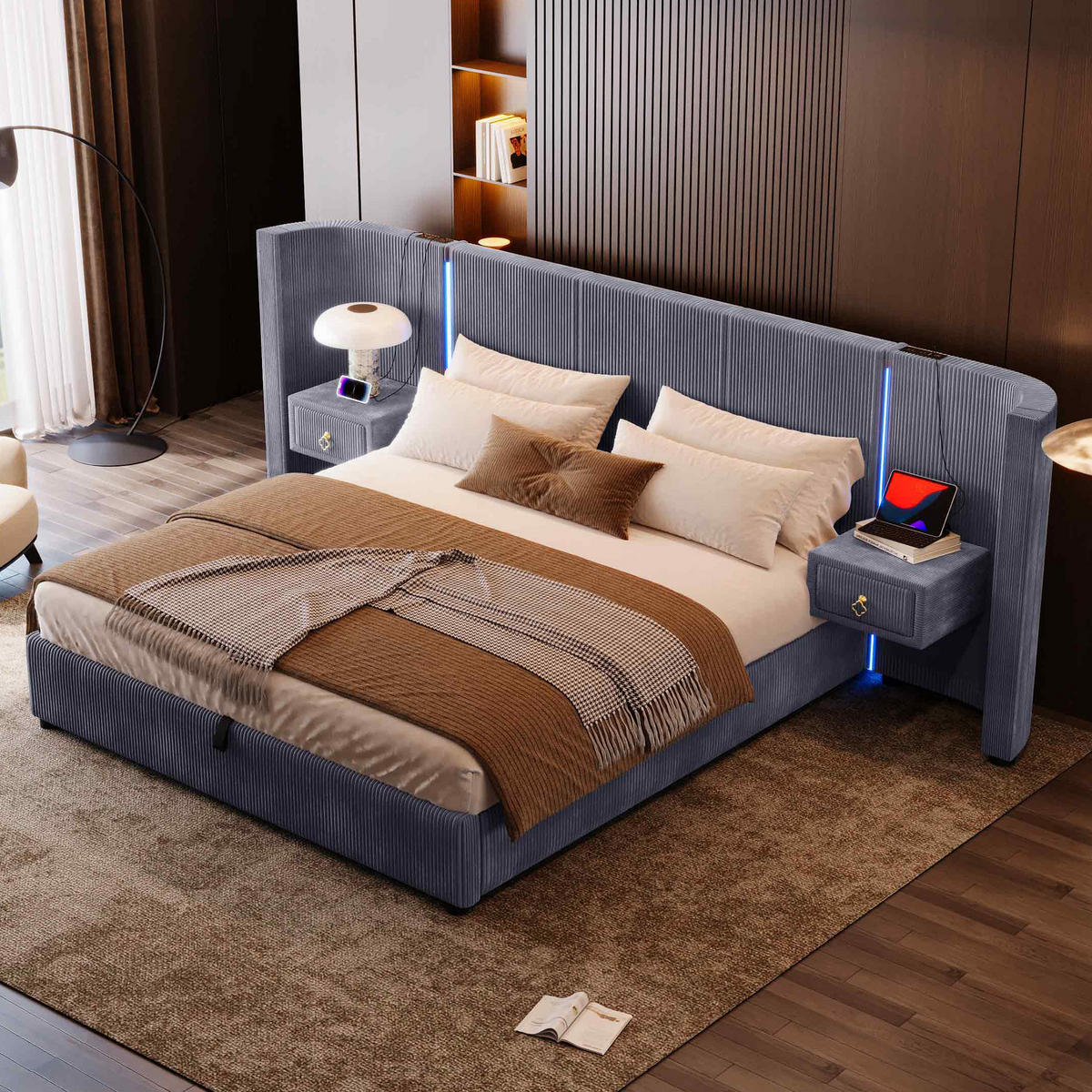 POLSTERBETT 180/200 cm grau mit LED-Leiste und hydraulischem Stauraum - Grau, Textil (180/200cm) - OKWISH