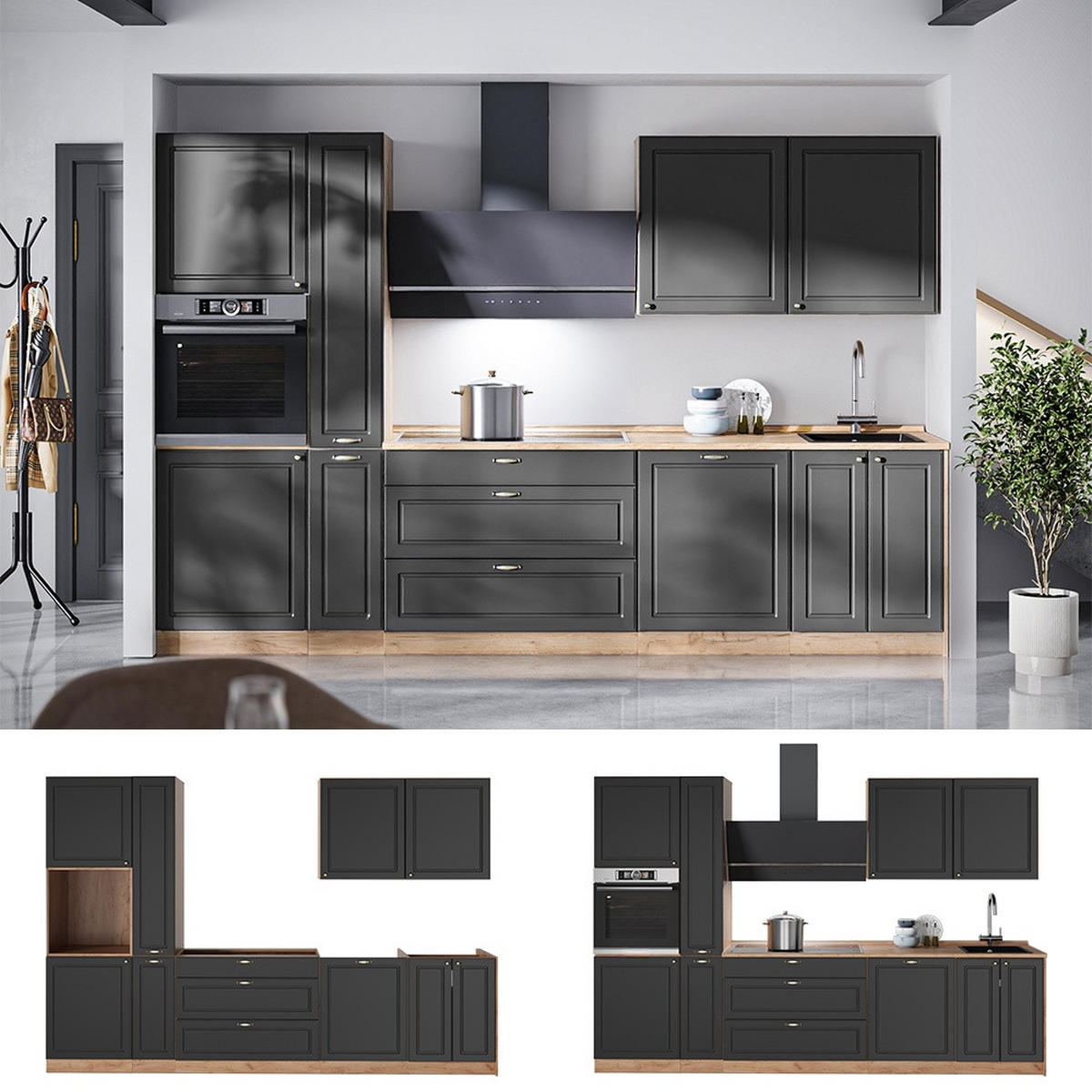KUCHYNKA Fame-Line, Antracitovo-zlatý vidiecky dom/Dub Goldkraft, 310 cm, AP Marble - dub medový/antracitová, kompozitné drevo (310/206.8/60cm) - Vicco