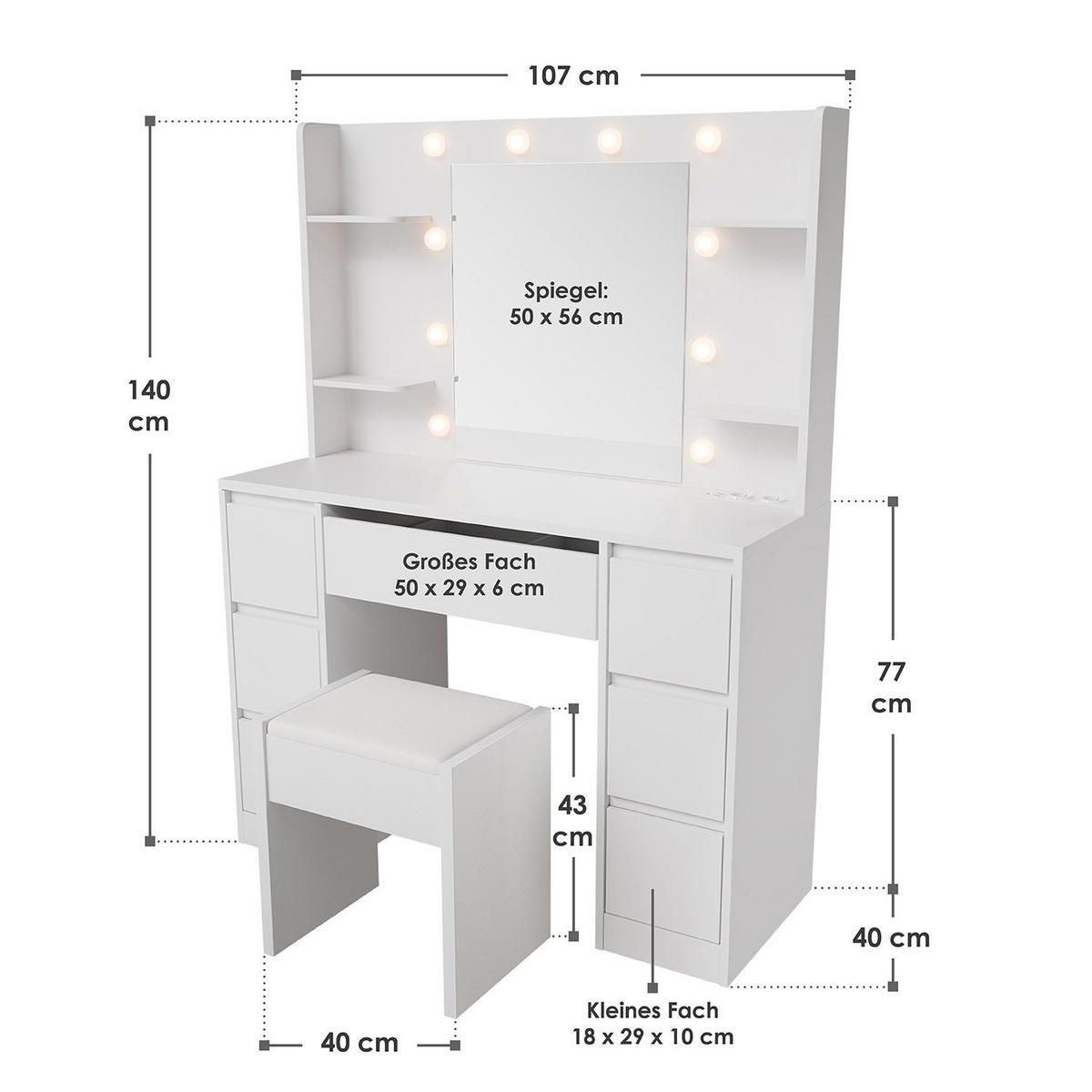 SCHMINKTISCH Malia mit LED und Hocker Melly - Weiß, Holz (107/140/40cm) - Juskys