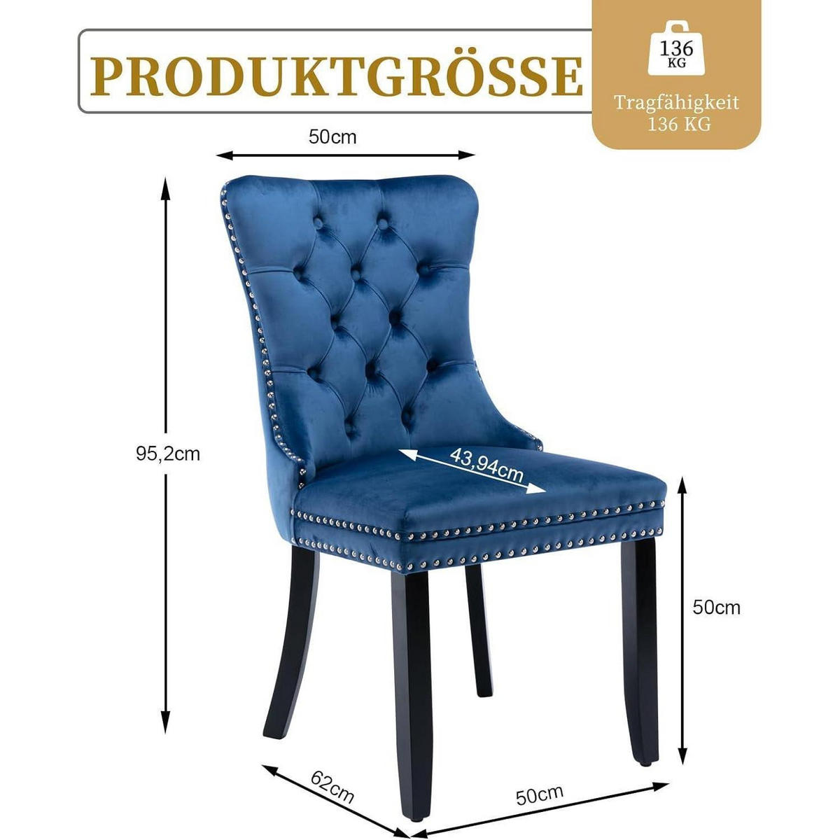 ESSZIMMERSTUHL 2er-Set Samt Blau mit Massivholzbeinen - Blau, Textil (50/95.2/62cm)