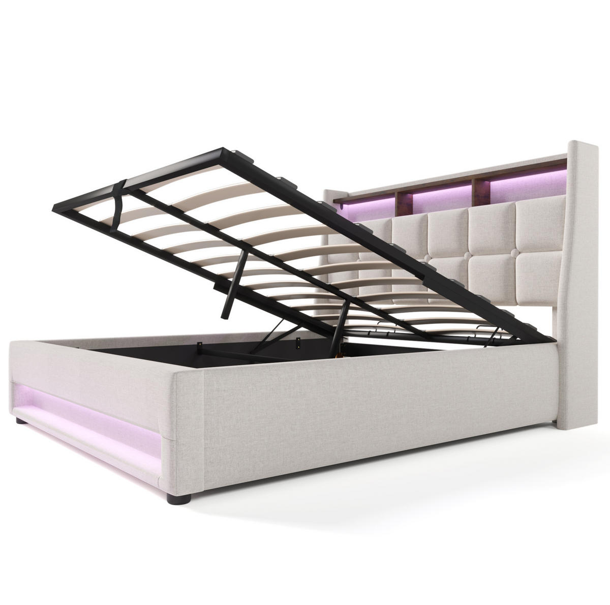 POLSTERBETT mit LED-Beleuchtung 160/200 cm mit Bettkasten, USB und Kopfteil - Beige, Textil (160/200cm) - BEAOK