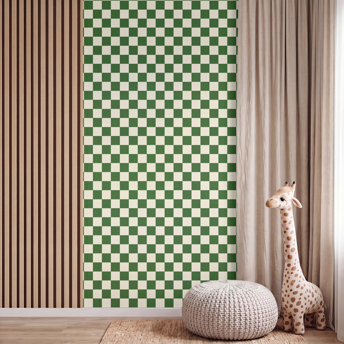 KINDERTAPETE - Schachbrett - Muster - Grün - 140x300 cm - Grün, Papier (140/300cm) - OnlyWow