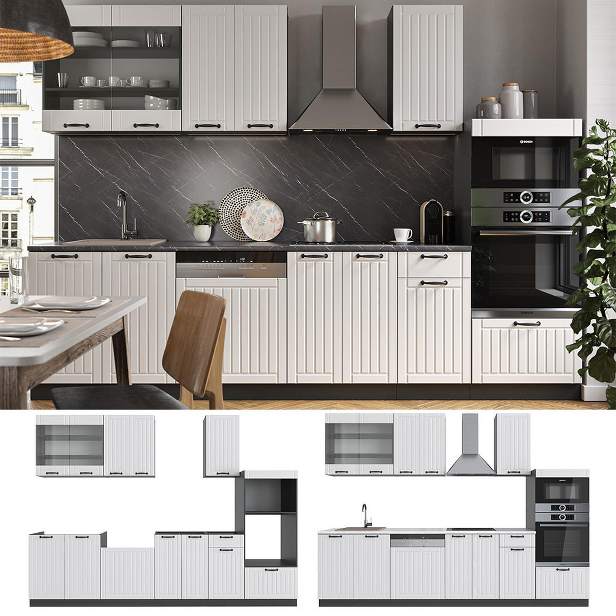 KÜCHENZEILE Fame-Line Weiß Landhaus/Anthrazit 300 cm mit Hochschrank AP Marmor - Anthrazit/Creme, Holzwerkstoff (300/81.6/60cm) - Vicco